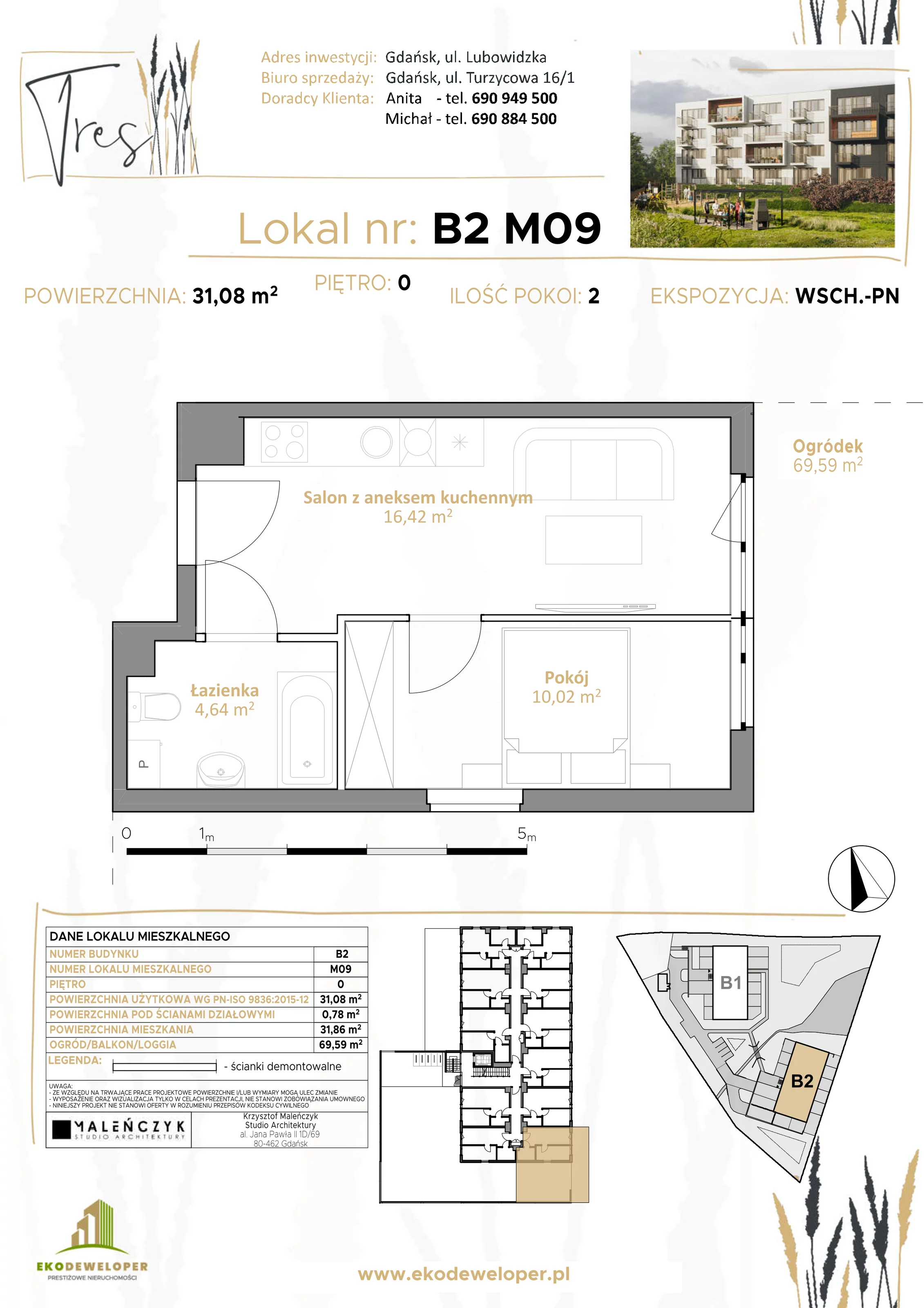 2 pokoje, mieszkanie 31,08 m², parter, oferta nr B2.M09, Tres, Gdańsk, Jasień, ul. Lubowidzka