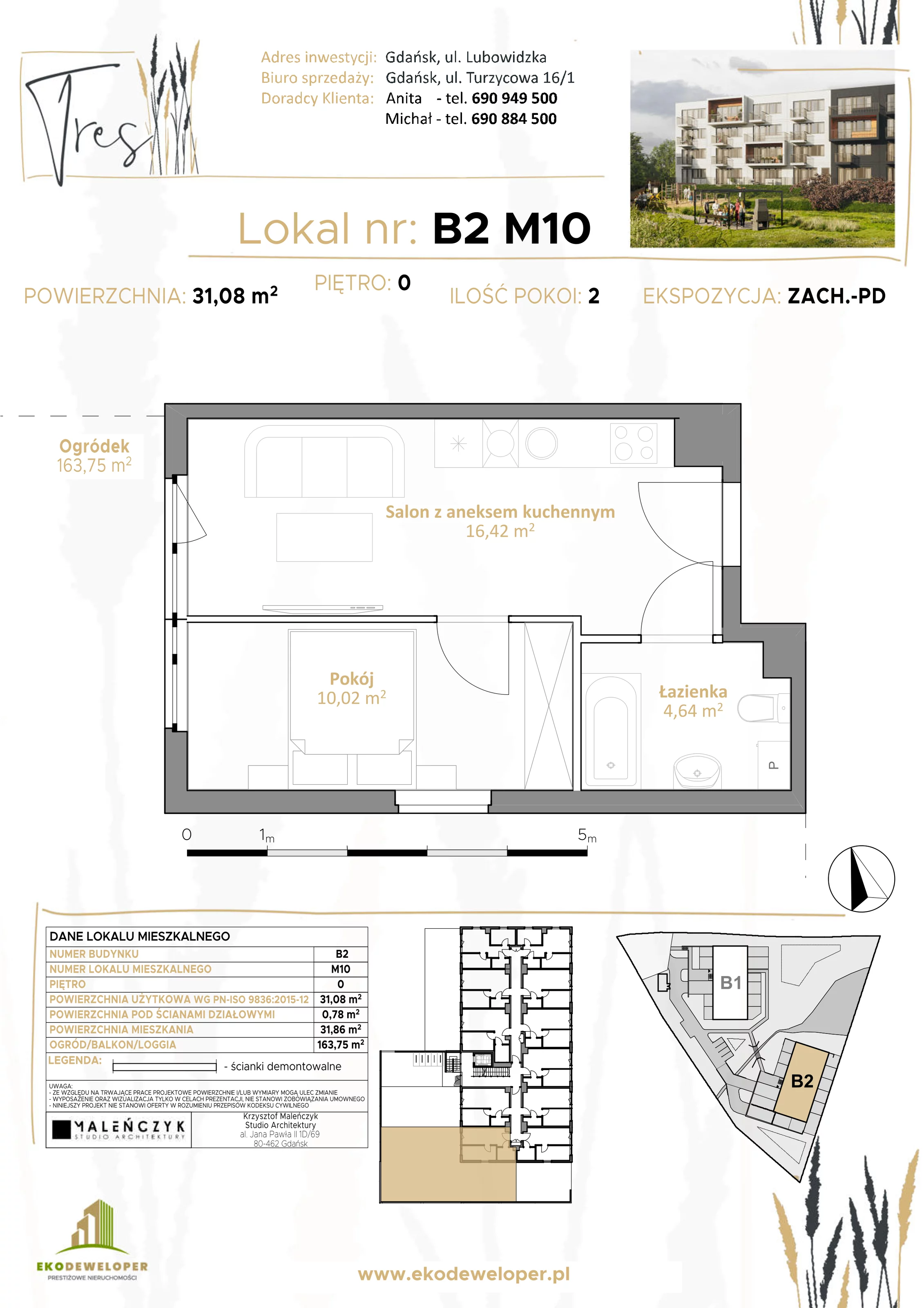 2 pokoje, mieszkanie 31,08 m², parter, oferta nr B2.M10, Tres, Gdańsk, Jasień, ul. Lubowidzka