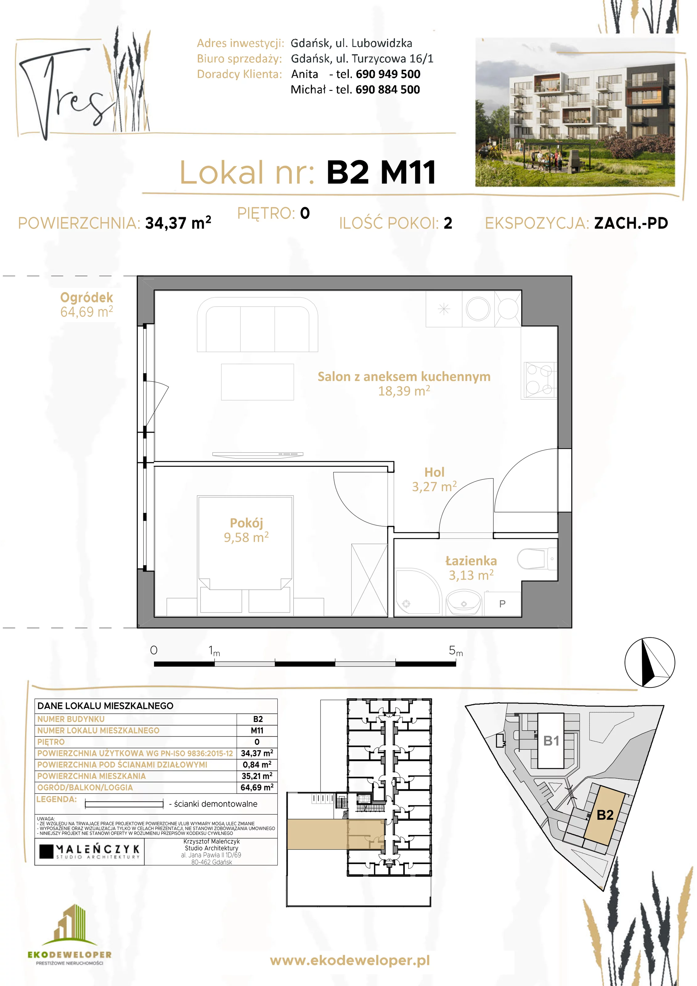 2 pokoje, mieszkanie 34,37 m², parter, oferta nr B2.M11, Tres, Gdańsk, Jasień, ul. Lubowidzka