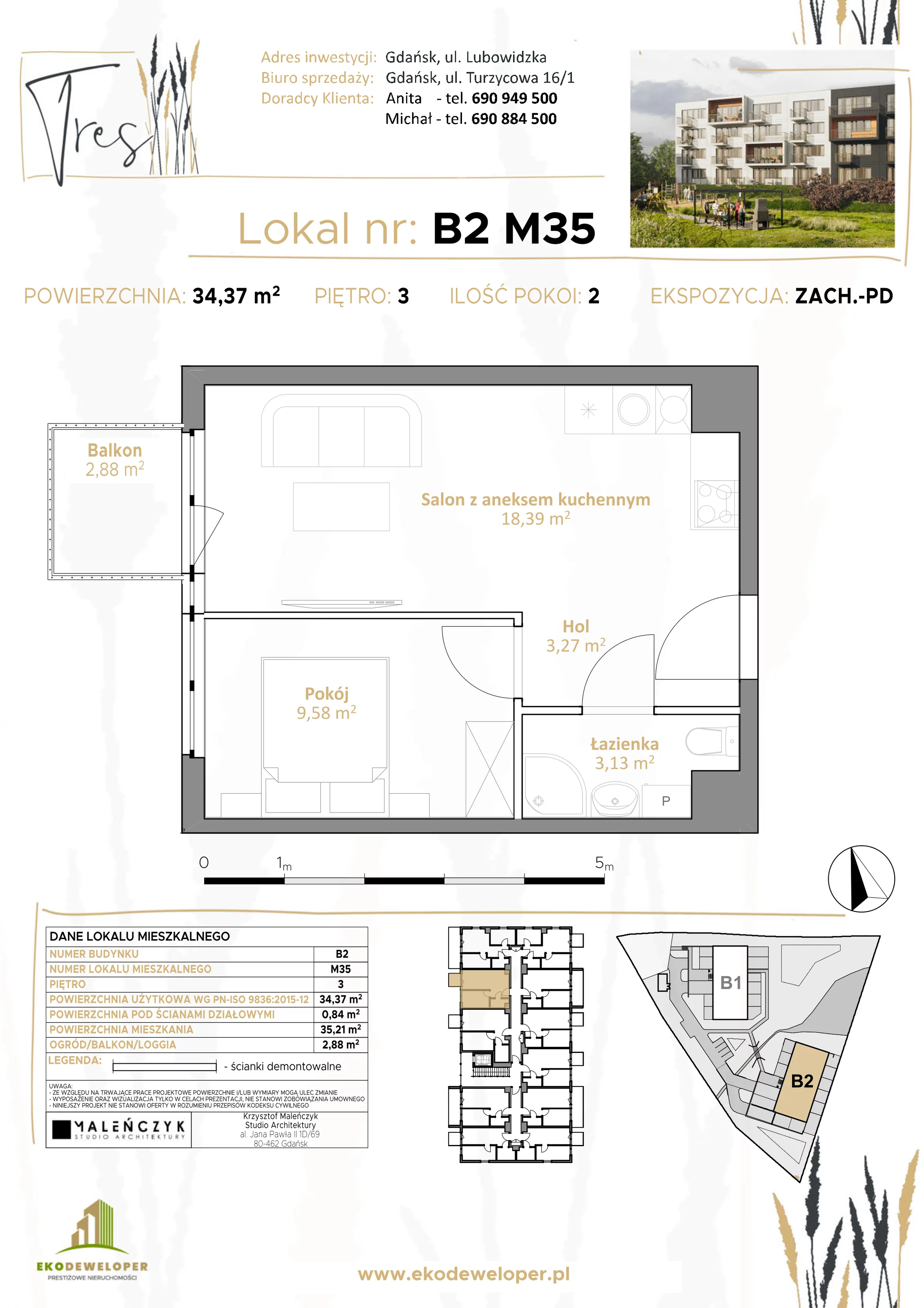 2 pokoje, mieszkanie 34,37 m², piętro 3, oferta nr B2.M35, Tres, Gdańsk, Jasień, ul. Lubowidzka