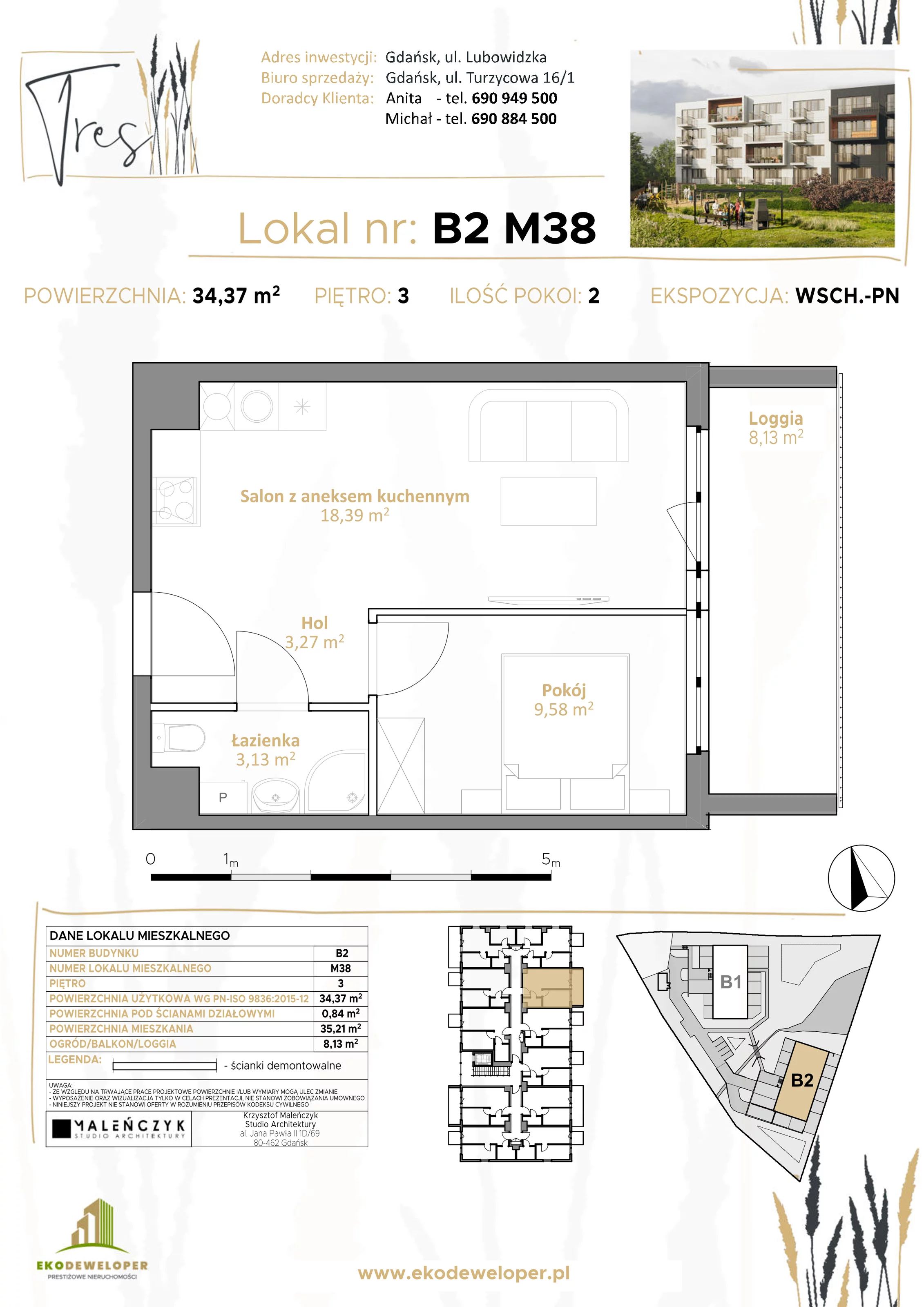 2 pokoje, mieszkanie 34,59 m², piętro 3, oferta nr B2.M38, Tres, Gdańsk, Jasień, ul. Lubowidzka