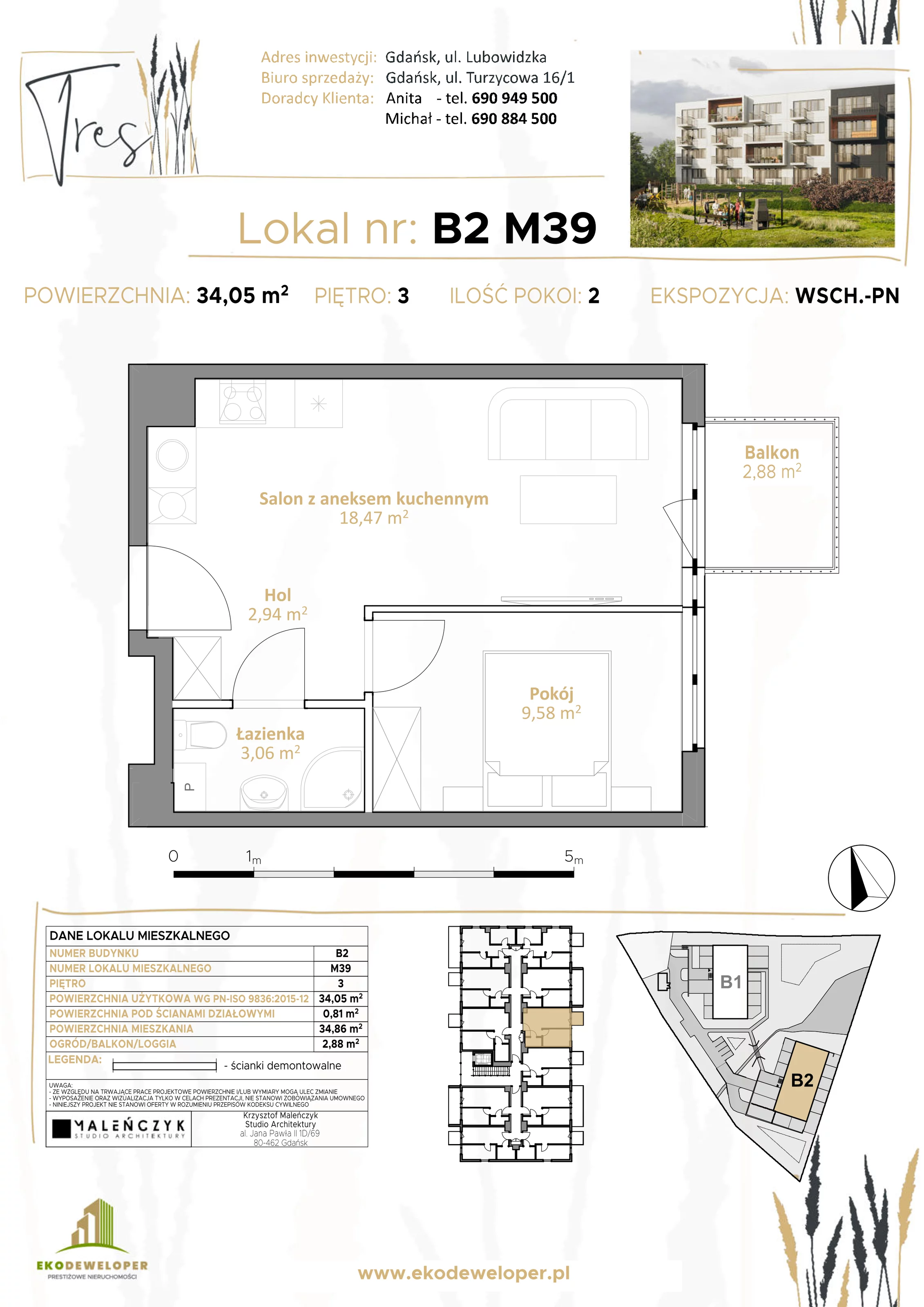 2 pokoje, mieszkanie 34,05 m², piętro 3, oferta nr B2.M39, Tres, Gdańsk, Jasień, ul. Lubowidzka