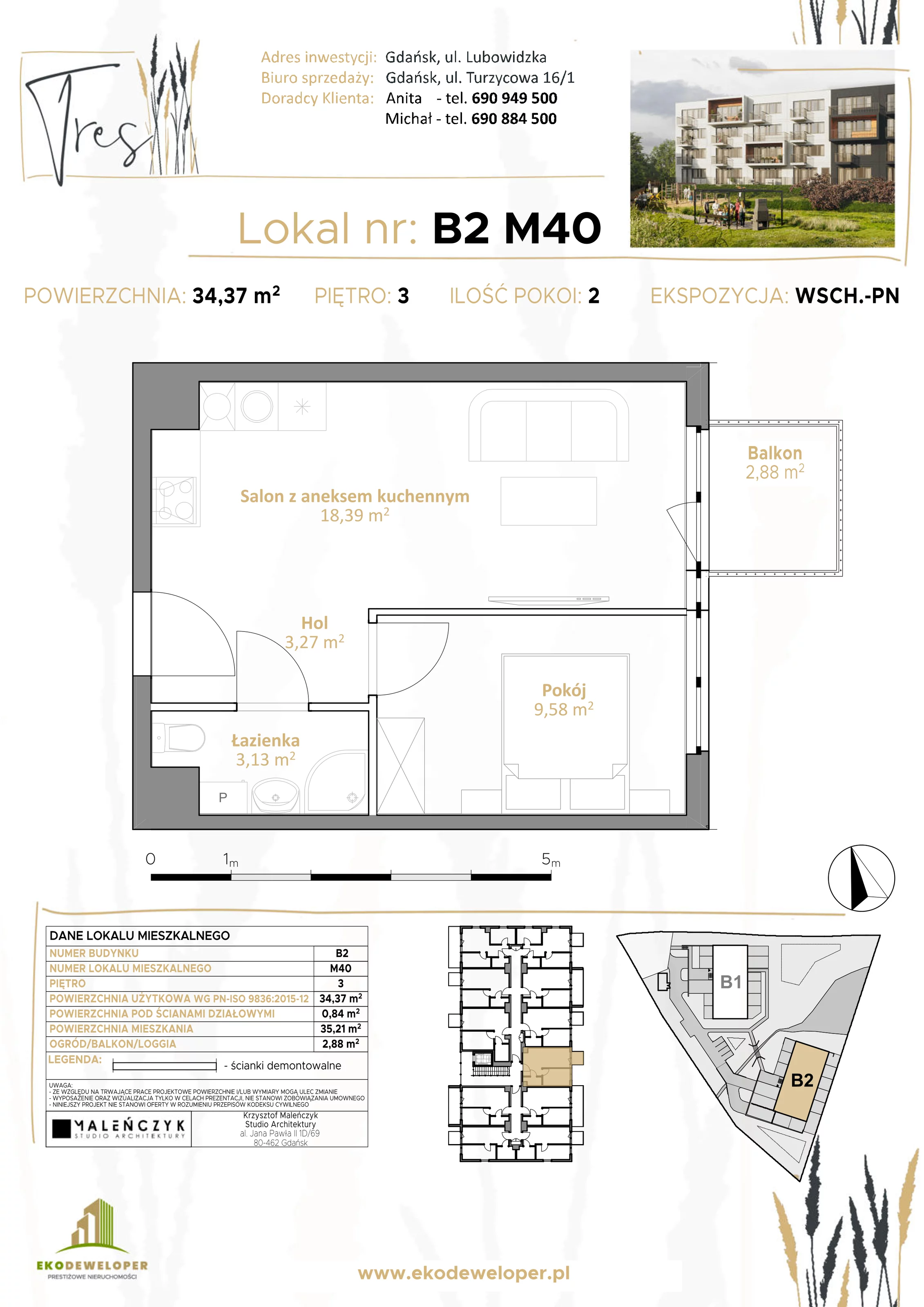 2 pokoje, mieszkanie 34,37 m², piętro 3, oferta nr B2.M40, Tres, Gdańsk, Jasień, ul. Lubowidzka