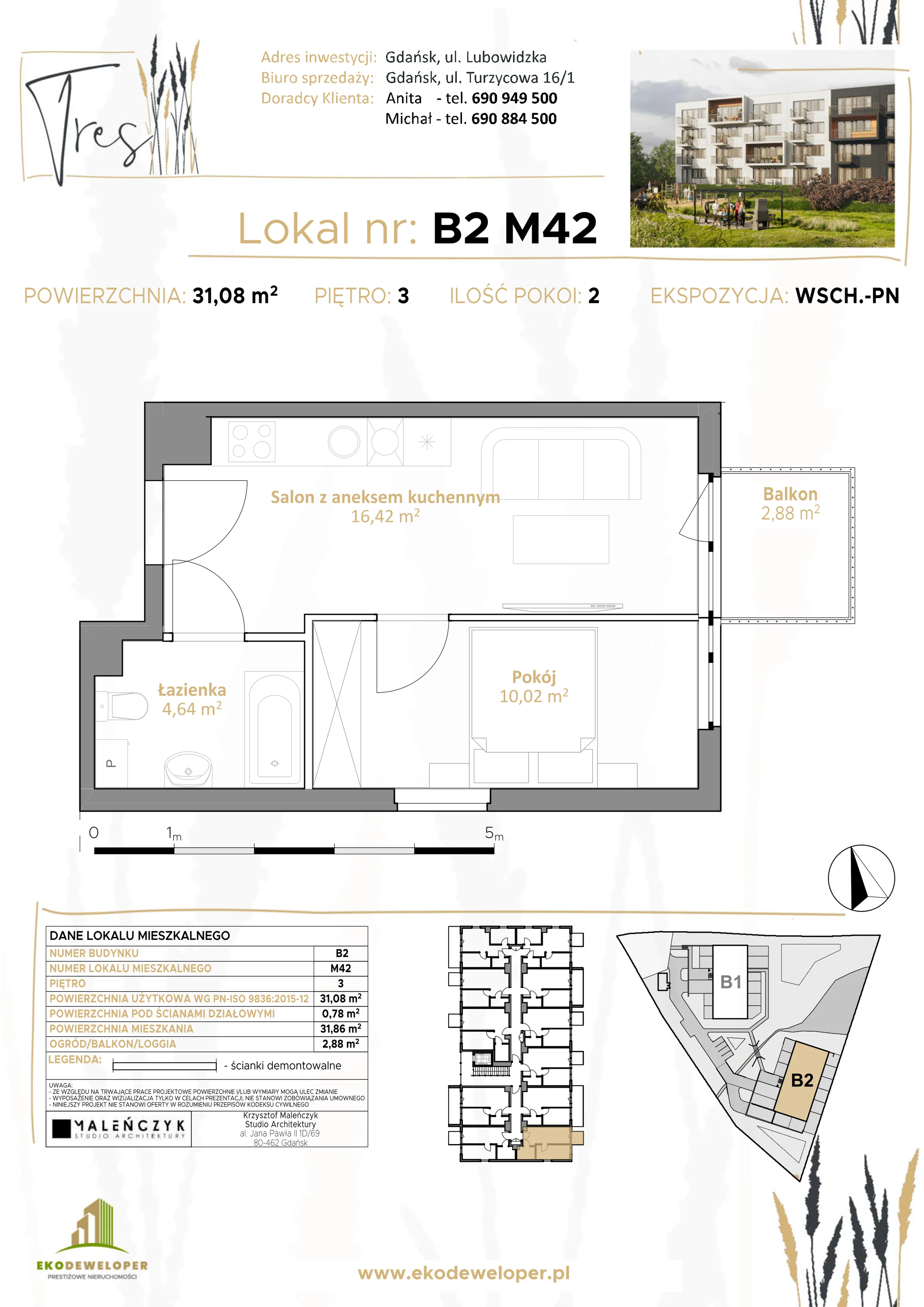 2 pokoje, mieszkanie 31,08 m², piętro 3, oferta nr B2.M42, Tres, Gdańsk, Jasień, ul. Lubowidzka