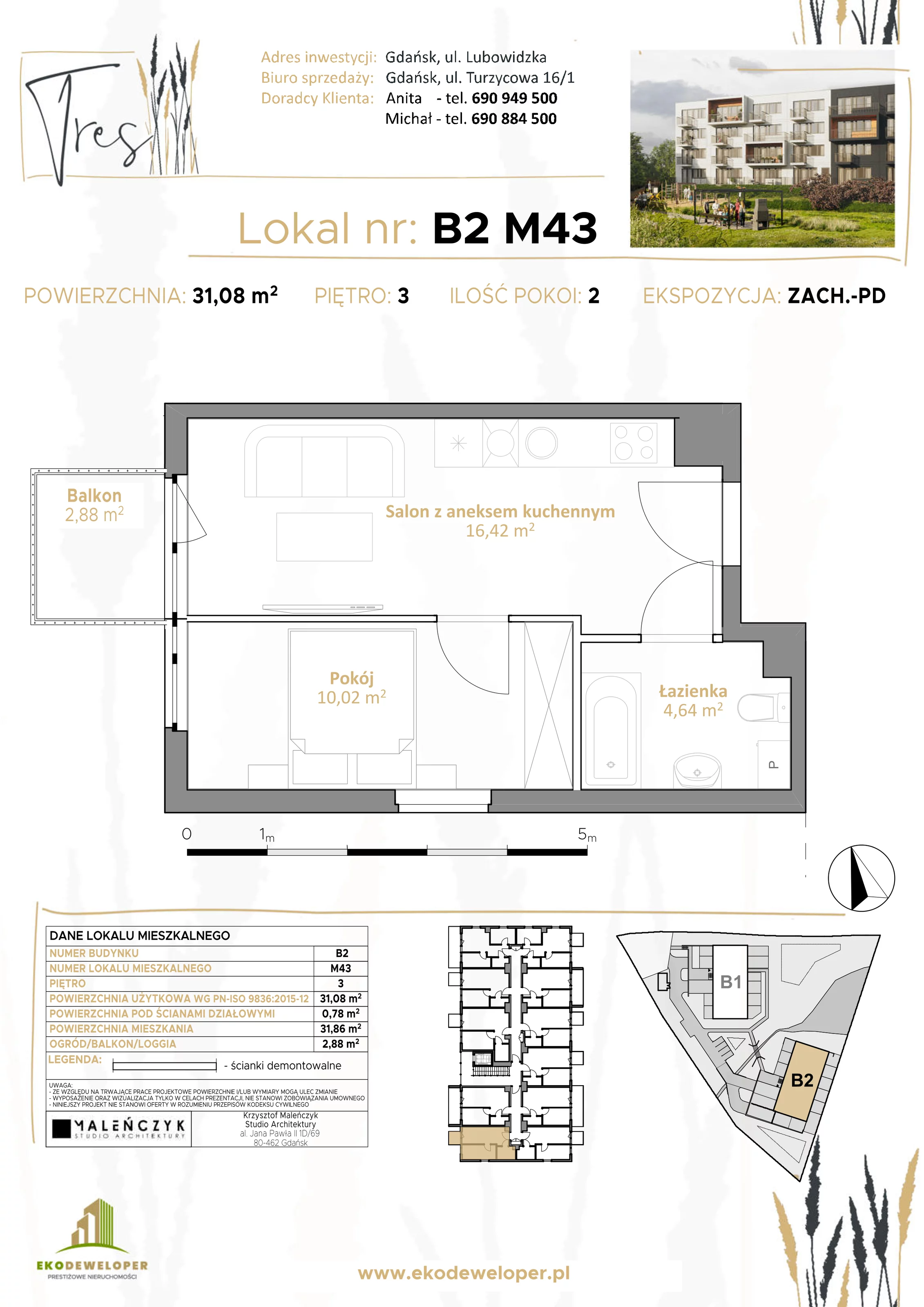 2 pokoje, mieszkanie 31,08 m², piętro 3, oferta nr B2.M43, Tres, Gdańsk, Jasień, ul. Lubowidzka