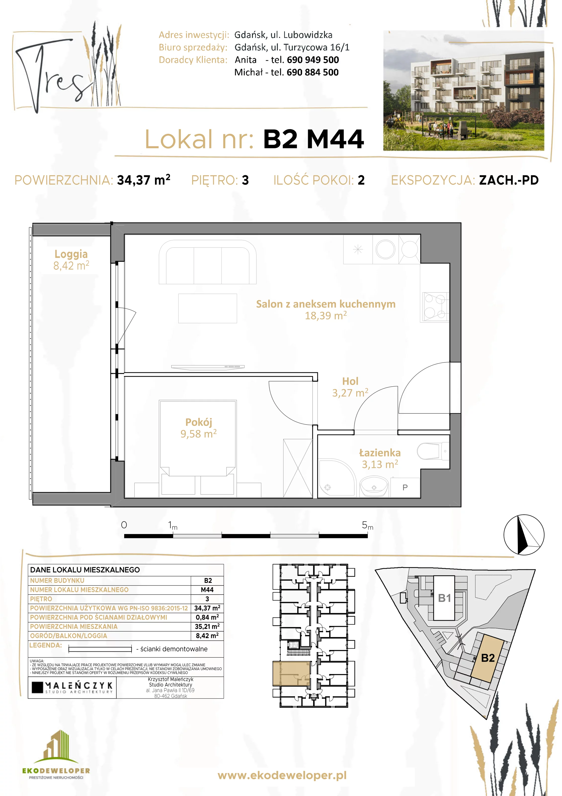 2 pokoje, mieszkanie 34,37 m², piętro 3, oferta nr B2.M44, Tres, Gdańsk, Jasień, ul. Lubowidzka