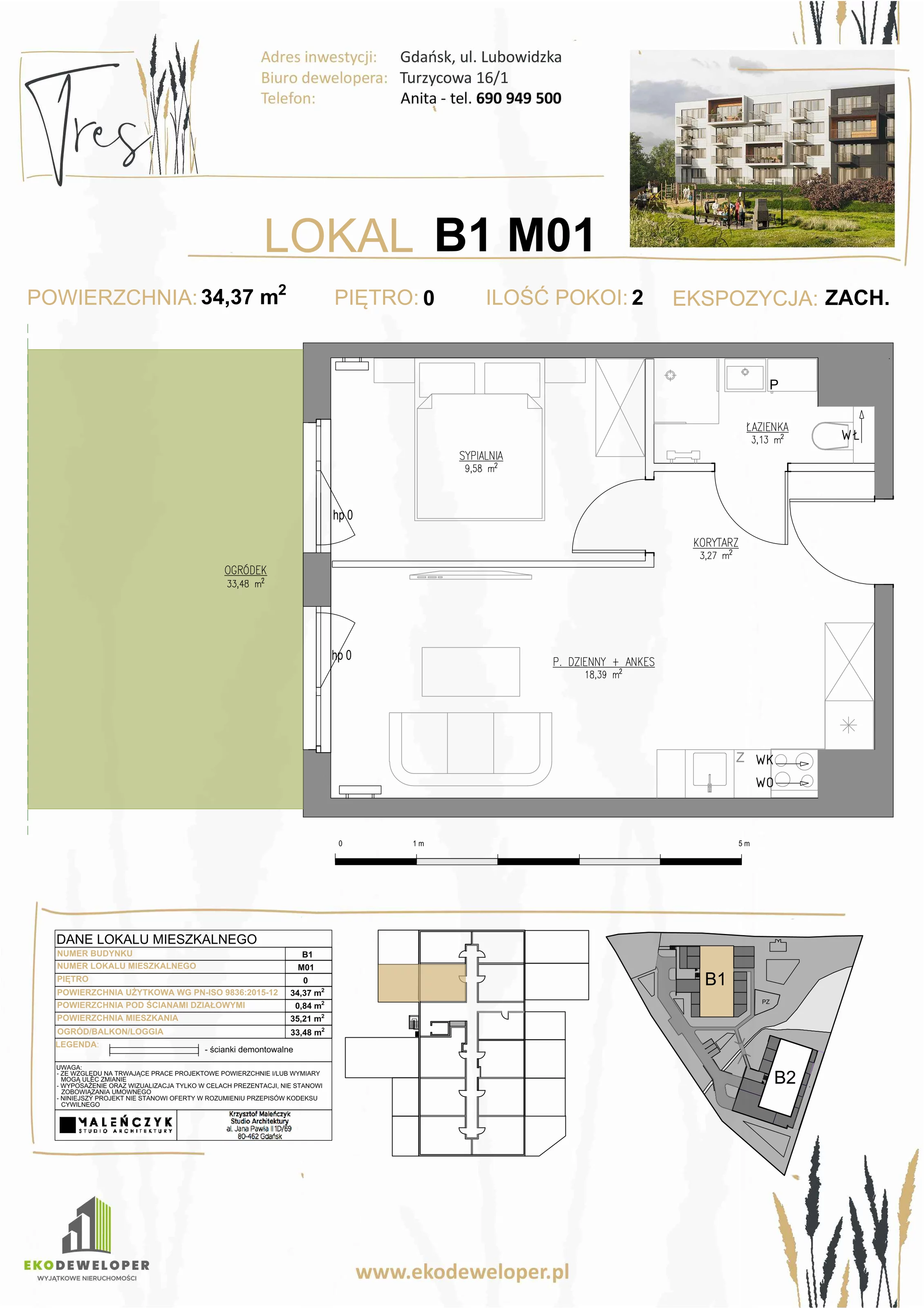 2 pokoje, mieszkanie 34,37 m², parter, oferta nr B1.M01, Tres, Gdańsk, Jasień, Szadółki, ul. Lubowidzka