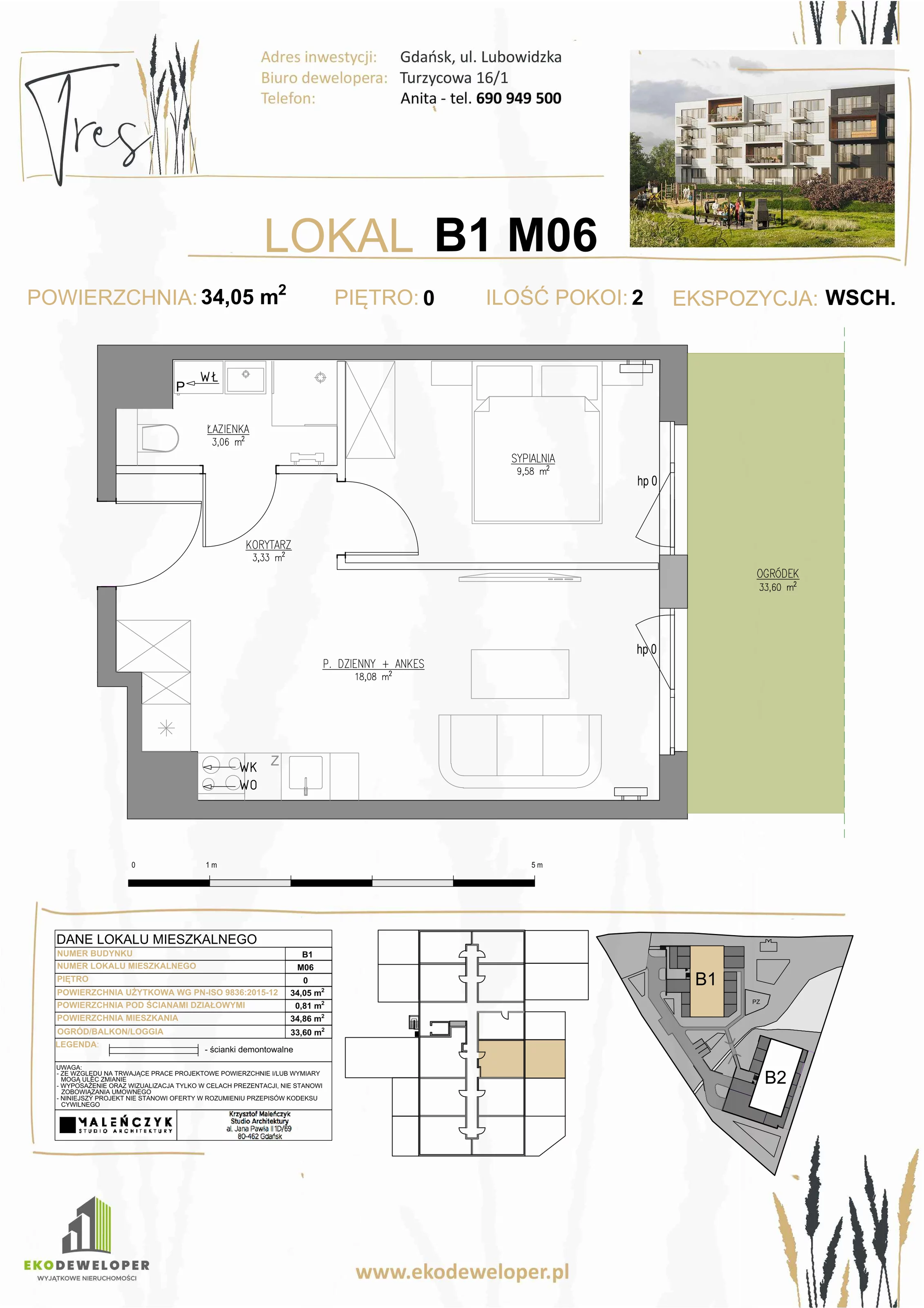 2 pokoje, mieszkanie 34,05 m², parter, oferta nr B1.M06, Tres, Gdańsk, Jasień, Szadółki, ul. Lubowidzka