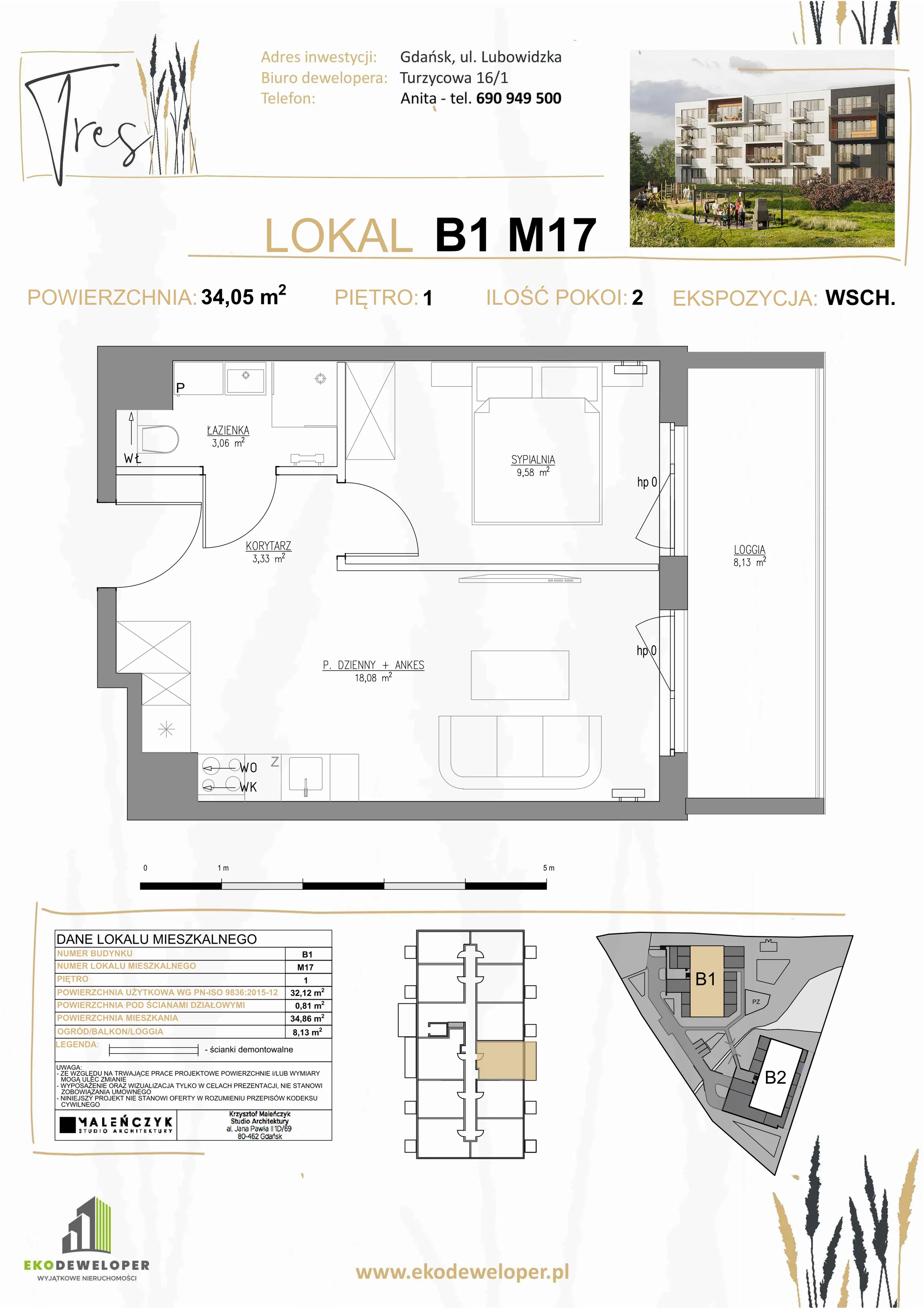 2 pokoje, mieszkanie 34,05 m², piętro 1, oferta nr B1.M17, Tres, Gdańsk, Jasień, Szadółki, ul. Lubowidzka