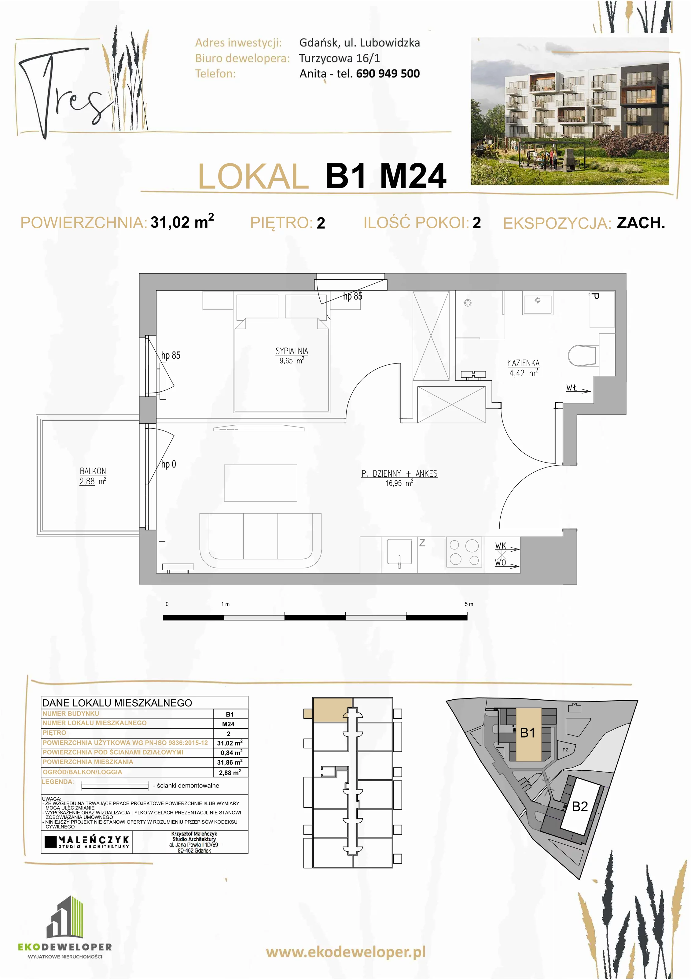 2 pokoje, mieszkanie 31,08 m², piętro 2, oferta nr B1.M24, Tres, Gdańsk, Jasień, Szadółki, ul. Lubowidzka