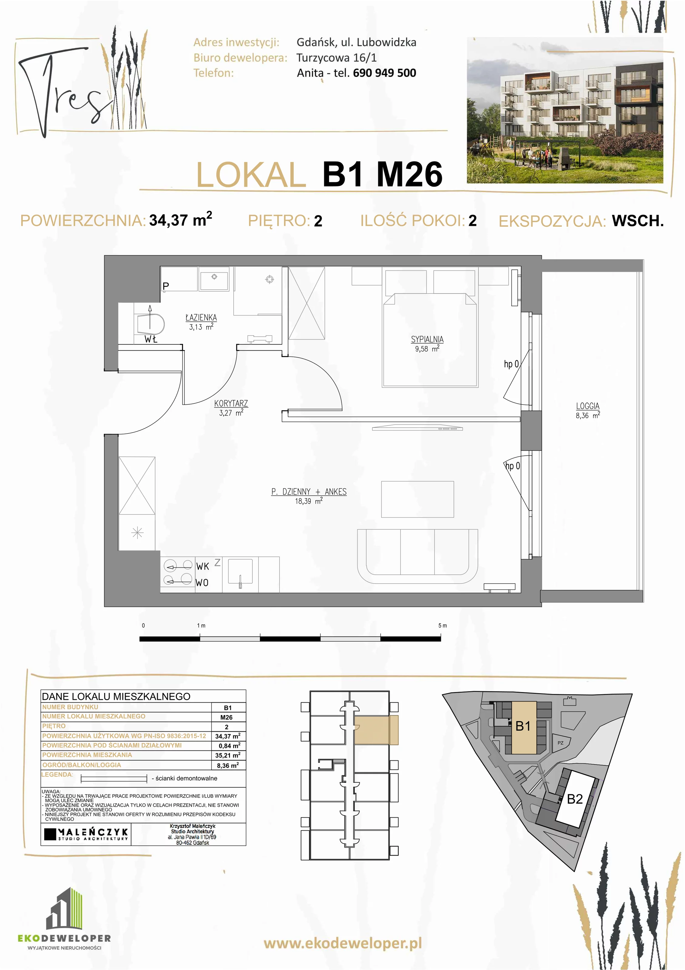 2 pokoje, mieszkanie 34,37 m², piętro 2, oferta nr B1.M26, Tres, Gdańsk, Jasień, Szadółki, ul. Lubowidzka