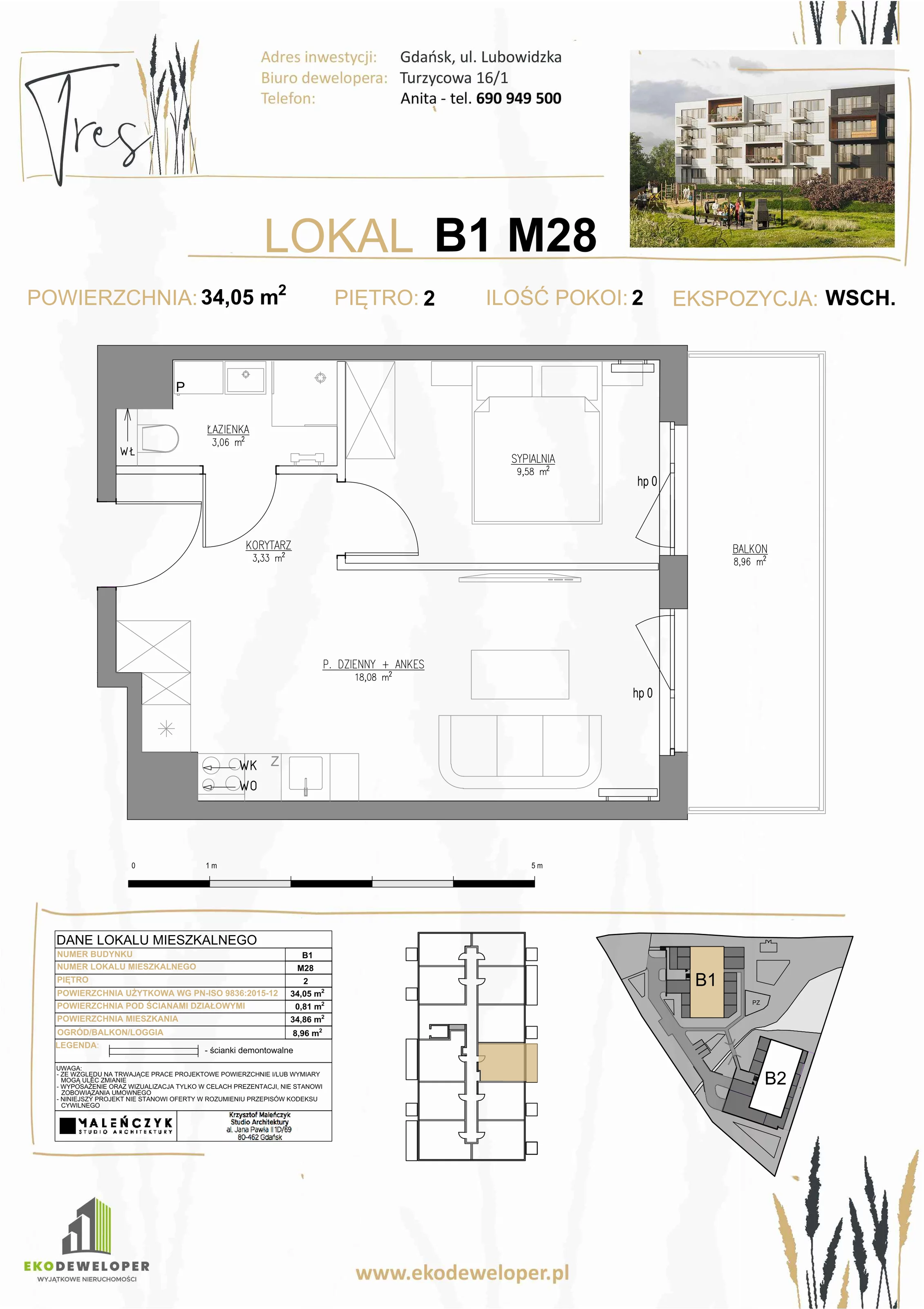 2 pokoje, mieszkanie 34,05 m², piętro 2, oferta nr B1.M28, Tres, Gdańsk, Jasień, Szadółki, ul. Lubowidzka
