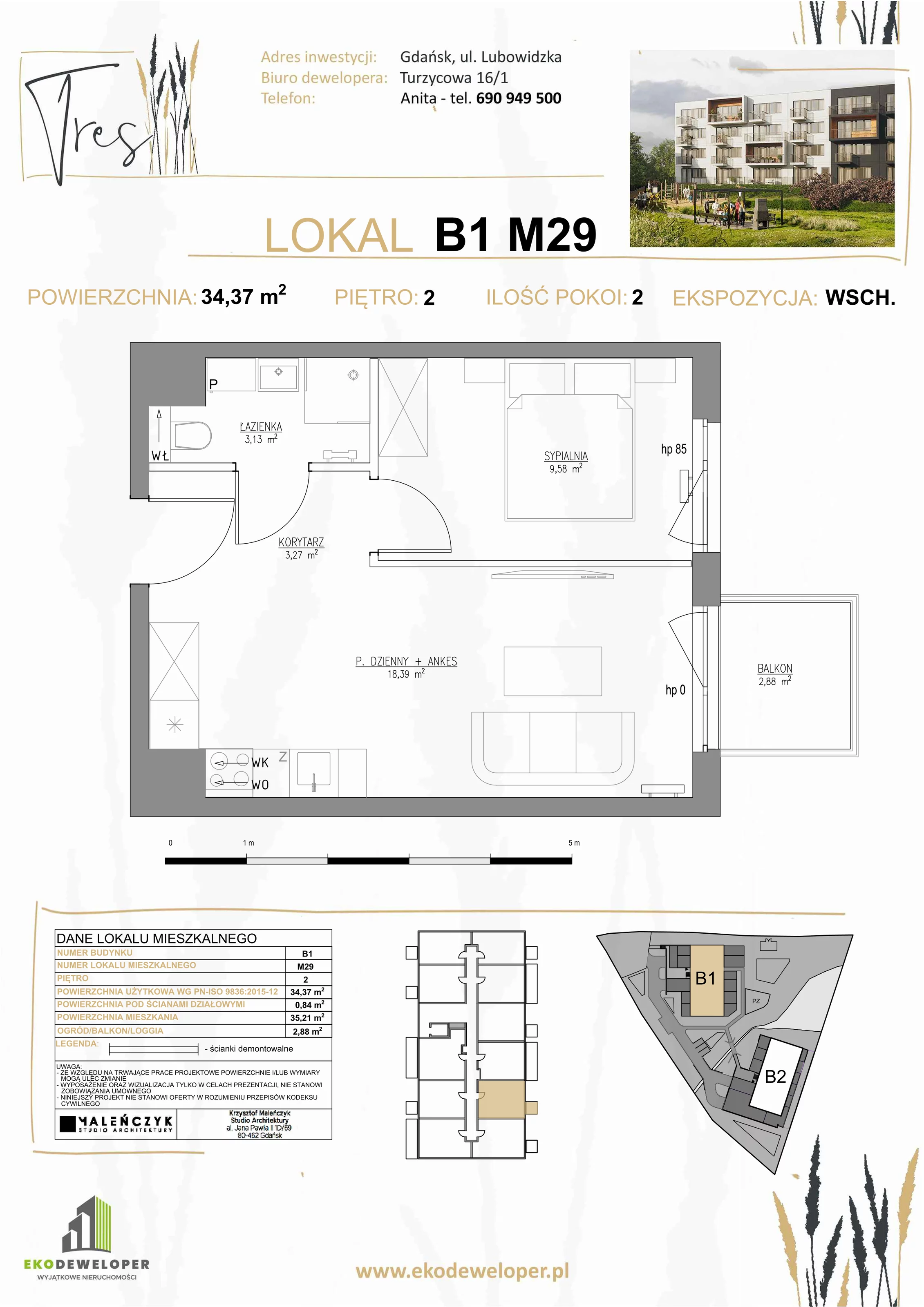 2 pokoje, mieszkanie 34,37 m², piętro 2, oferta nr B1.M29, Tres, Gdańsk, Jasień, Szadółki, ul. Lubowidzka