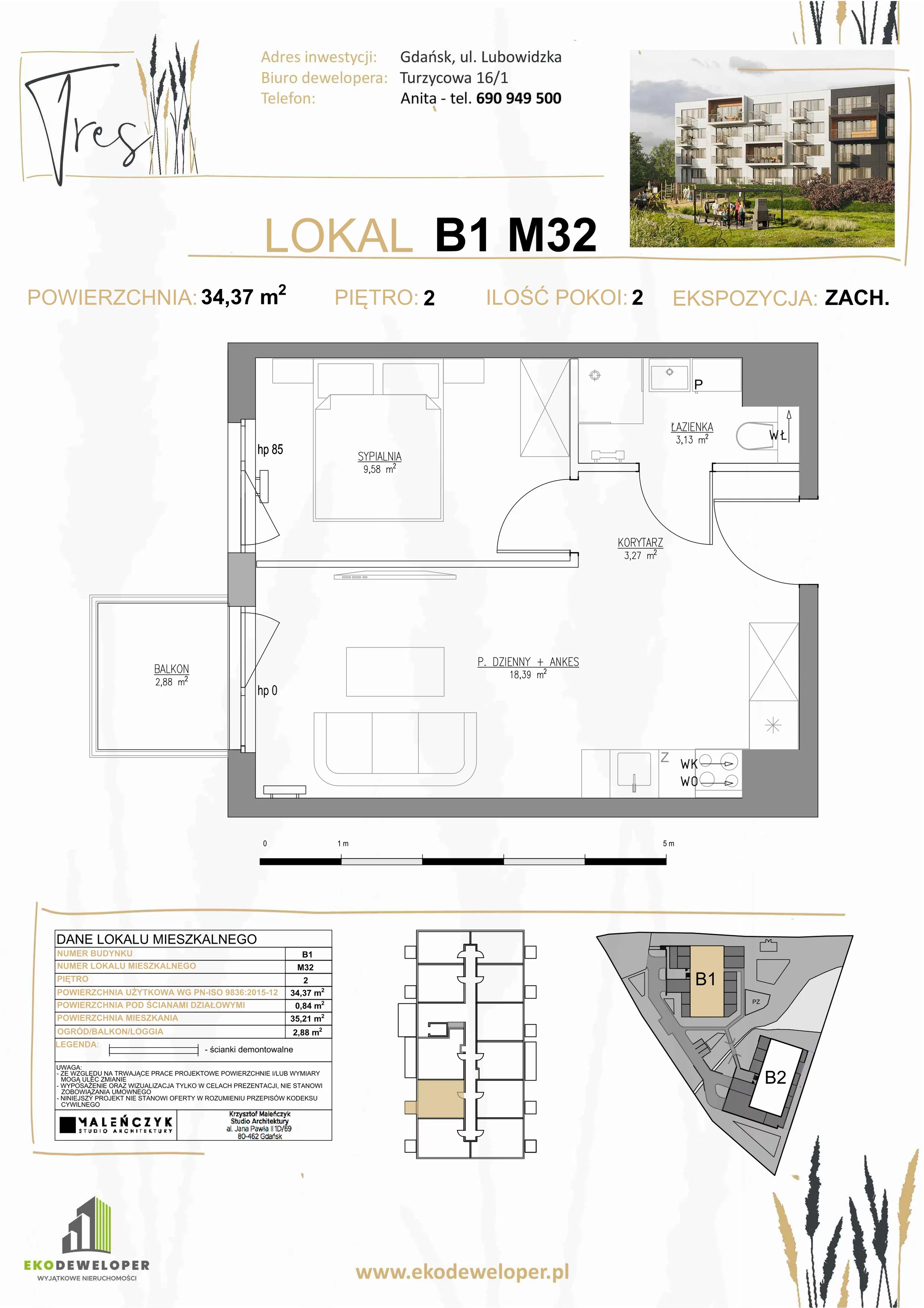 2 pokoje, mieszkanie 34,37 m², piętro 2, oferta nr B1.M32, Tres, Gdańsk, Jasień, Szadółki, ul. Lubowidzka