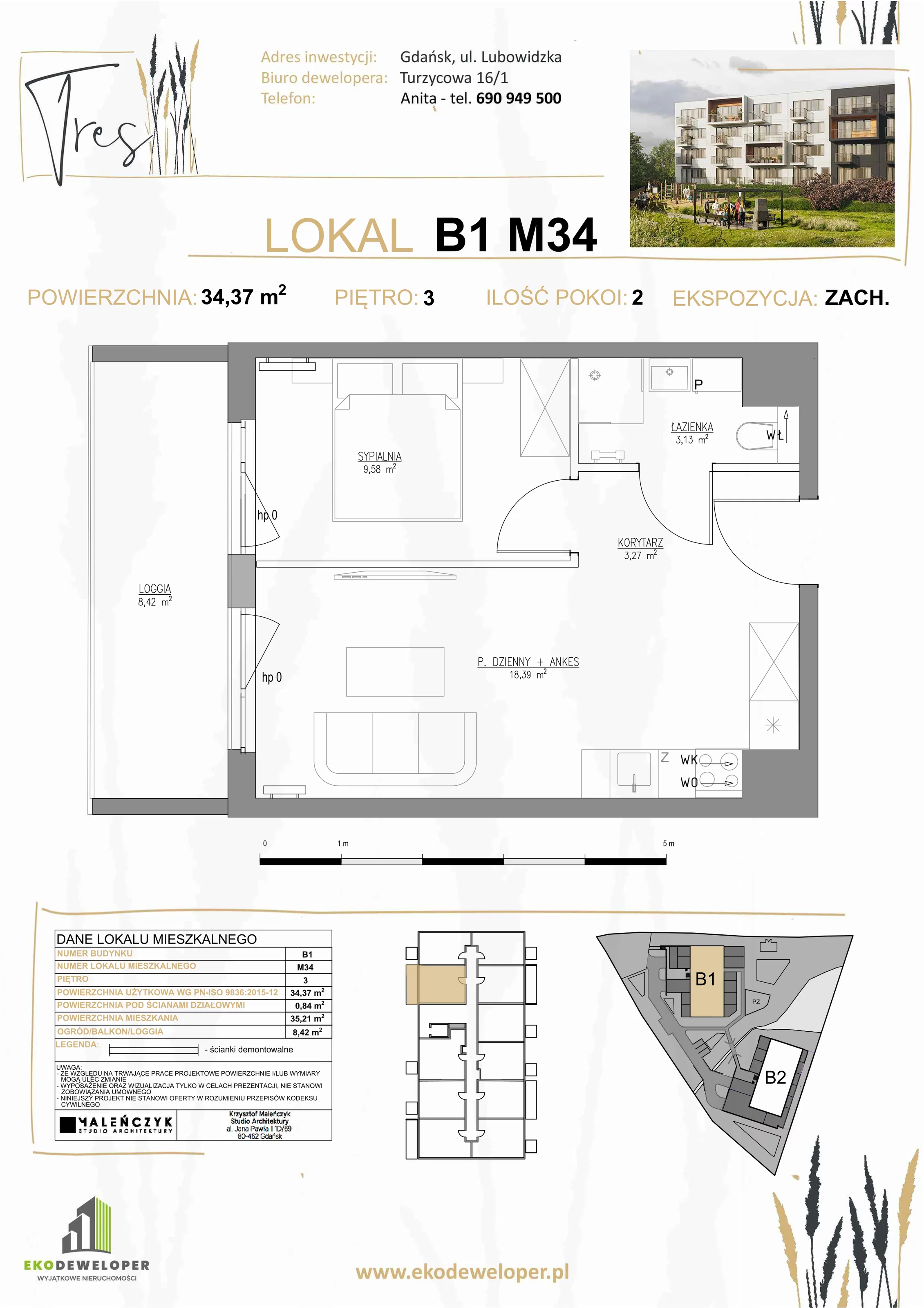 2 pokoje, mieszkanie 34,37 m², piętro 3, oferta nr B1.M34, Tres, Gdańsk, Jasień, Szadółki, ul. Lubowidzka