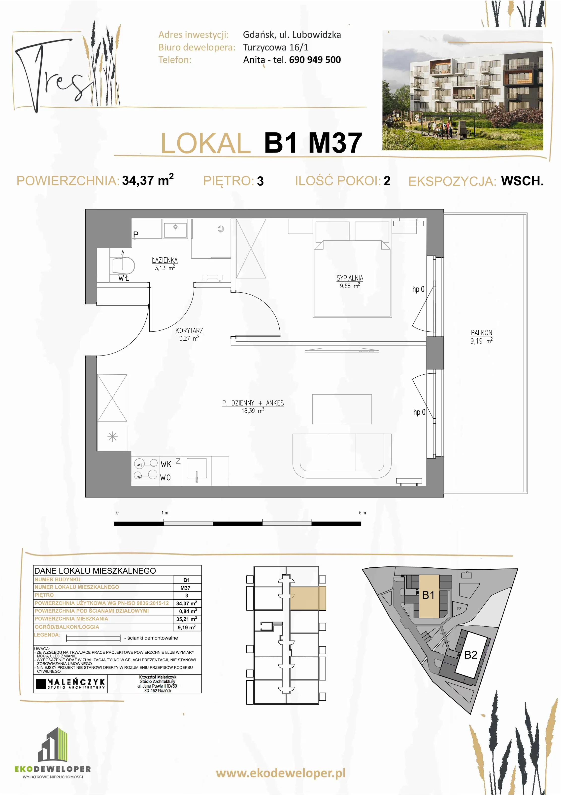 2 pokoje, mieszkanie 34,37 m², piętro 3, oferta nr B1.M37, Tres, Gdańsk, Jasień, Szadółki, ul. Lubowidzka