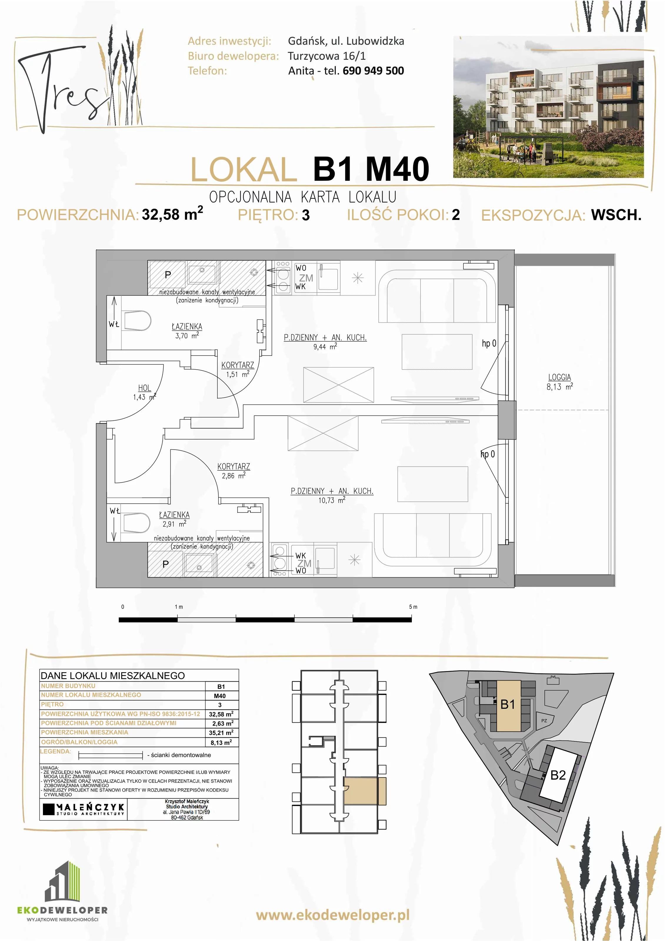 2 pokoje, mieszkanie 34,37 m², piętro 3, oferta nr B1.M40, Tres, Gdańsk, Jasień, Szadółki, ul. Lubowidzka