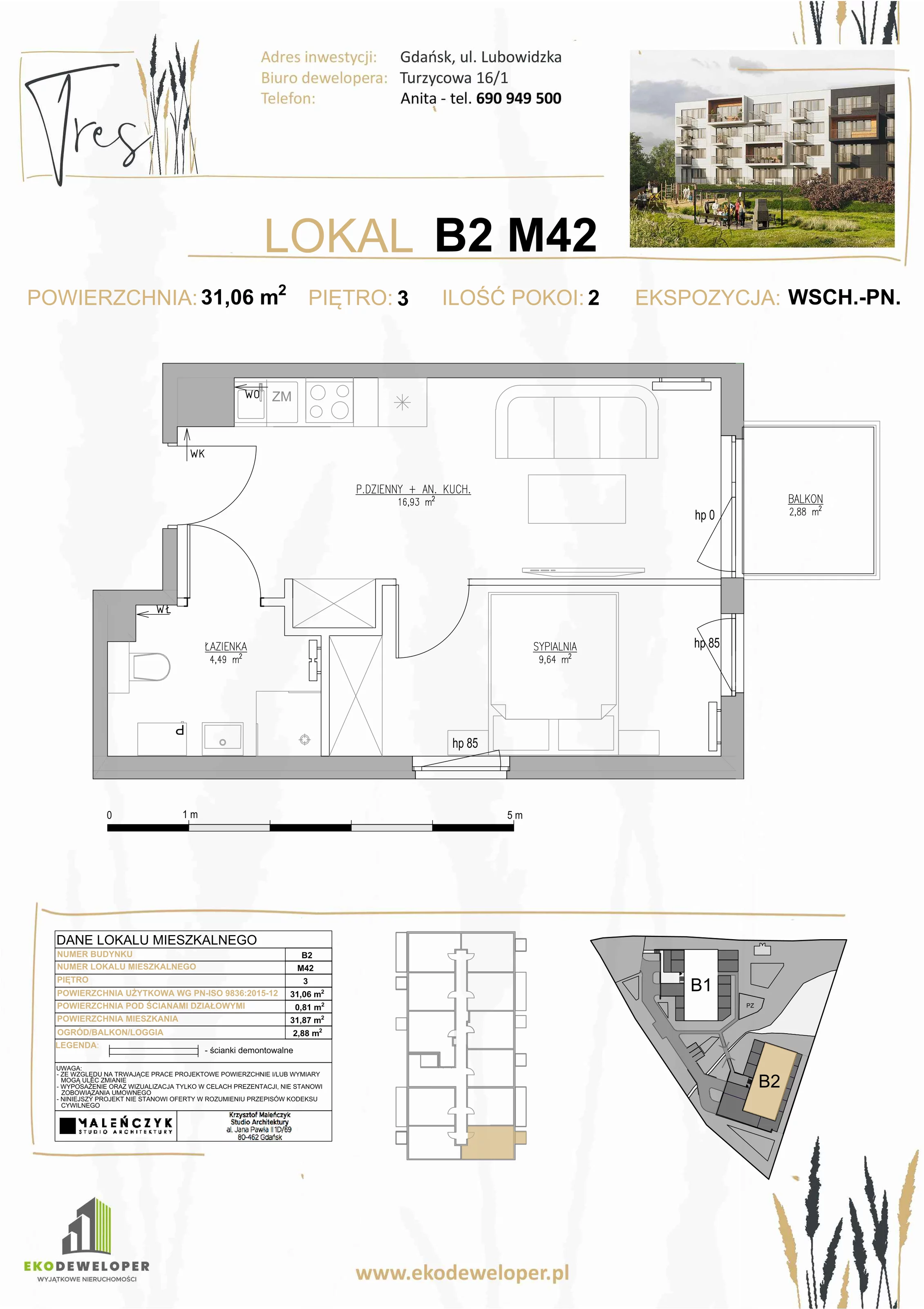 2 pokoje, mieszkanie 31,08 m², piętro 3, oferta nr B2.M42, Tres, Gdańsk, Jasień, Szadółki, ul. Lubowidzka