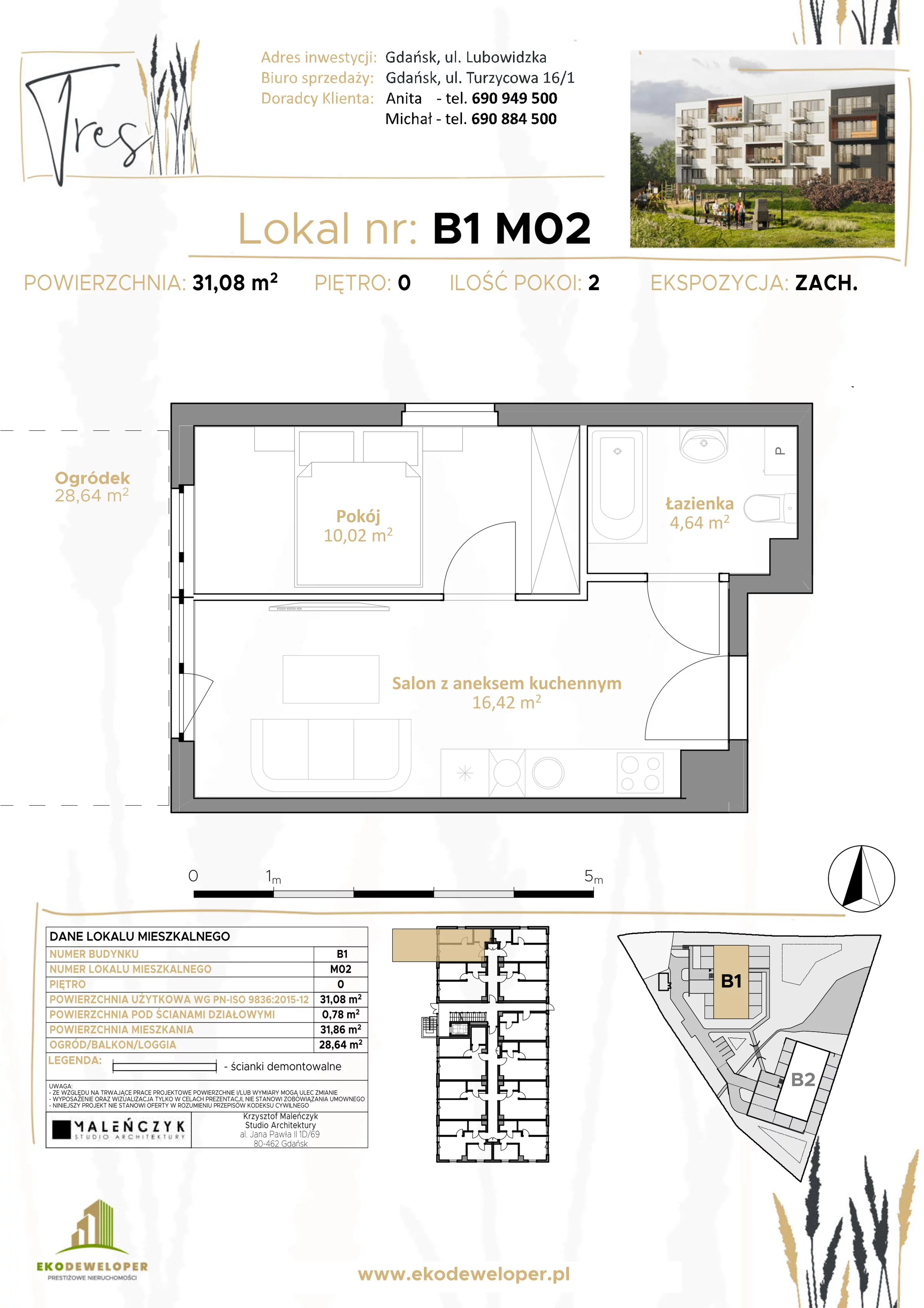 Mieszkanie 31,08 m², parter, oferta nr B1.M02, Tres, Gdańsk, Jasień, ul. Lubowidzka