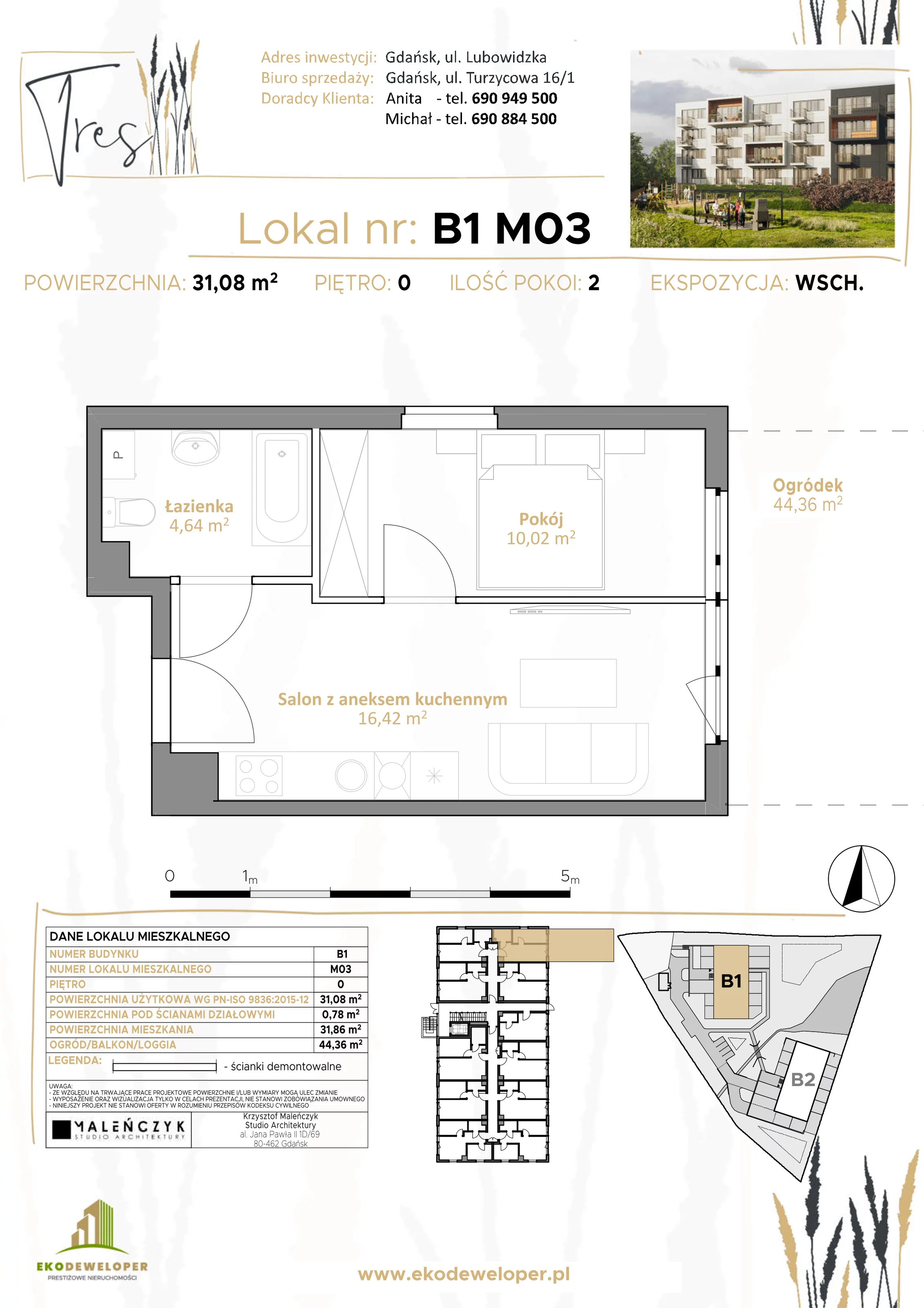 Mieszkanie 31,08 m², parter, oferta nr B1.M03, Tres, Gdańsk, Jasień, ul. Lubowidzka
