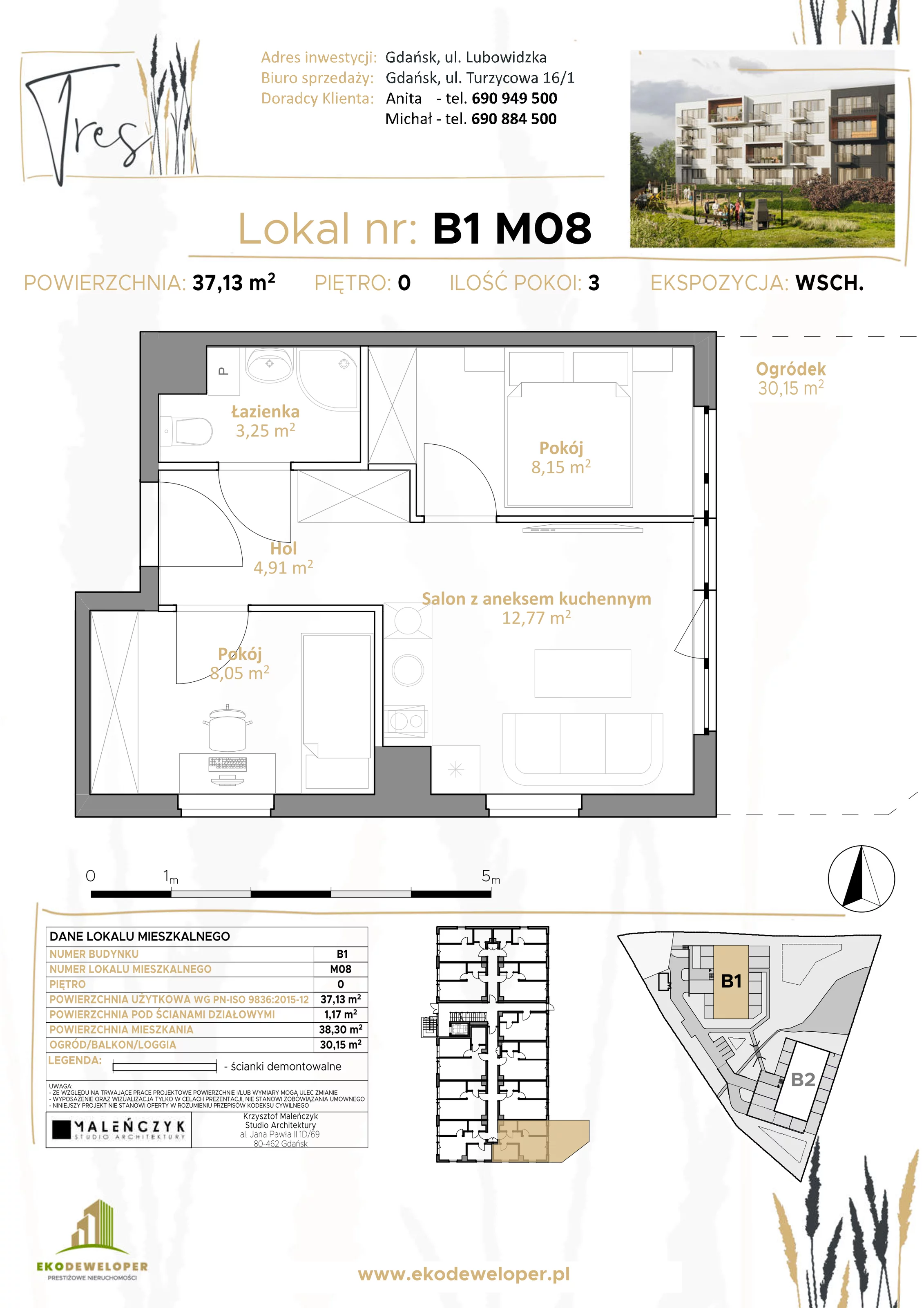 Mieszkanie 37,13 m², parter, oferta nr B1.M08, Tres, Gdańsk, Jasień, ul. Lubowidzka