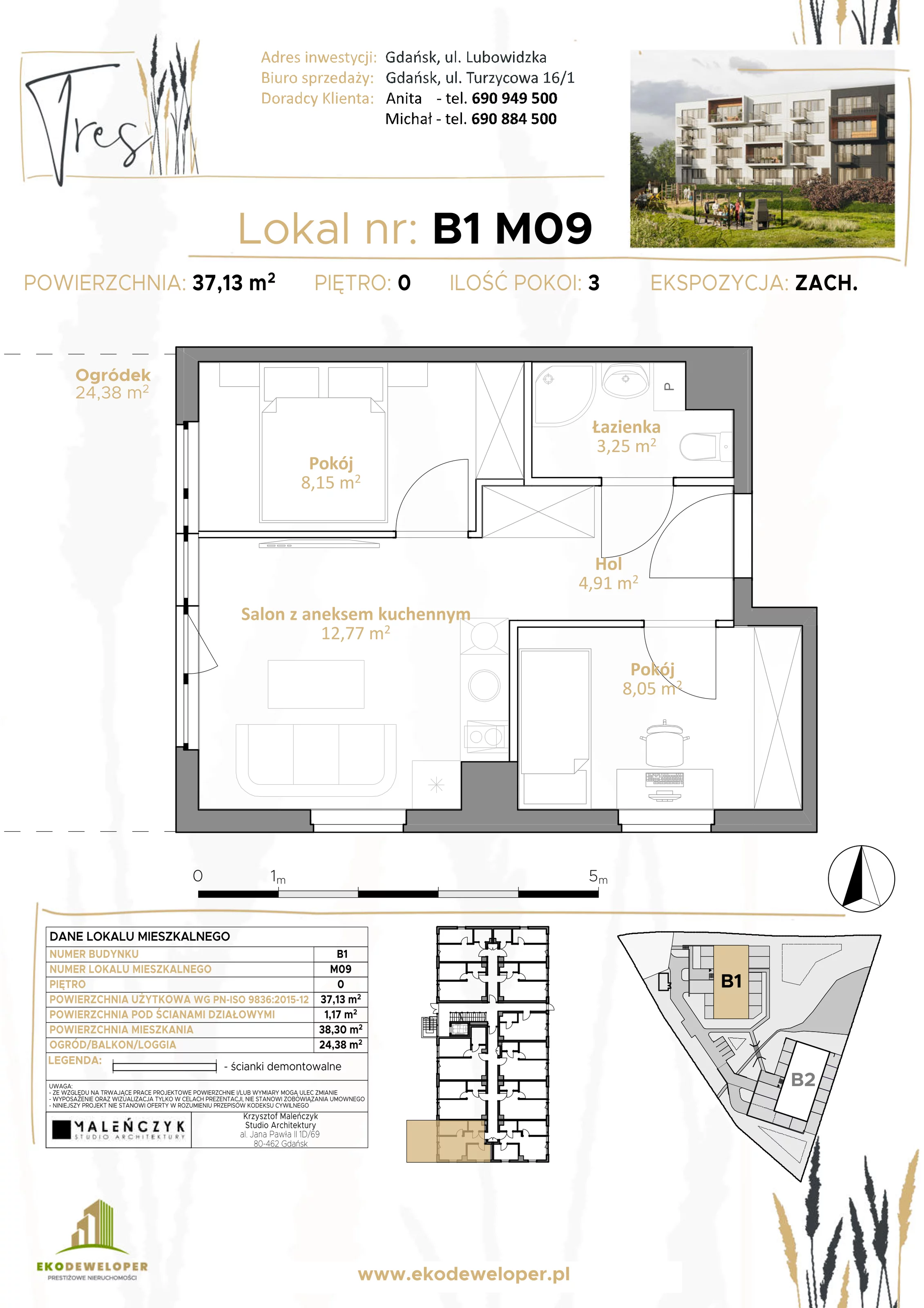 Mieszkanie 37,13 m², parter, oferta nr B1.M09, Tres, Gdańsk, Jasień, ul. Lubowidzka