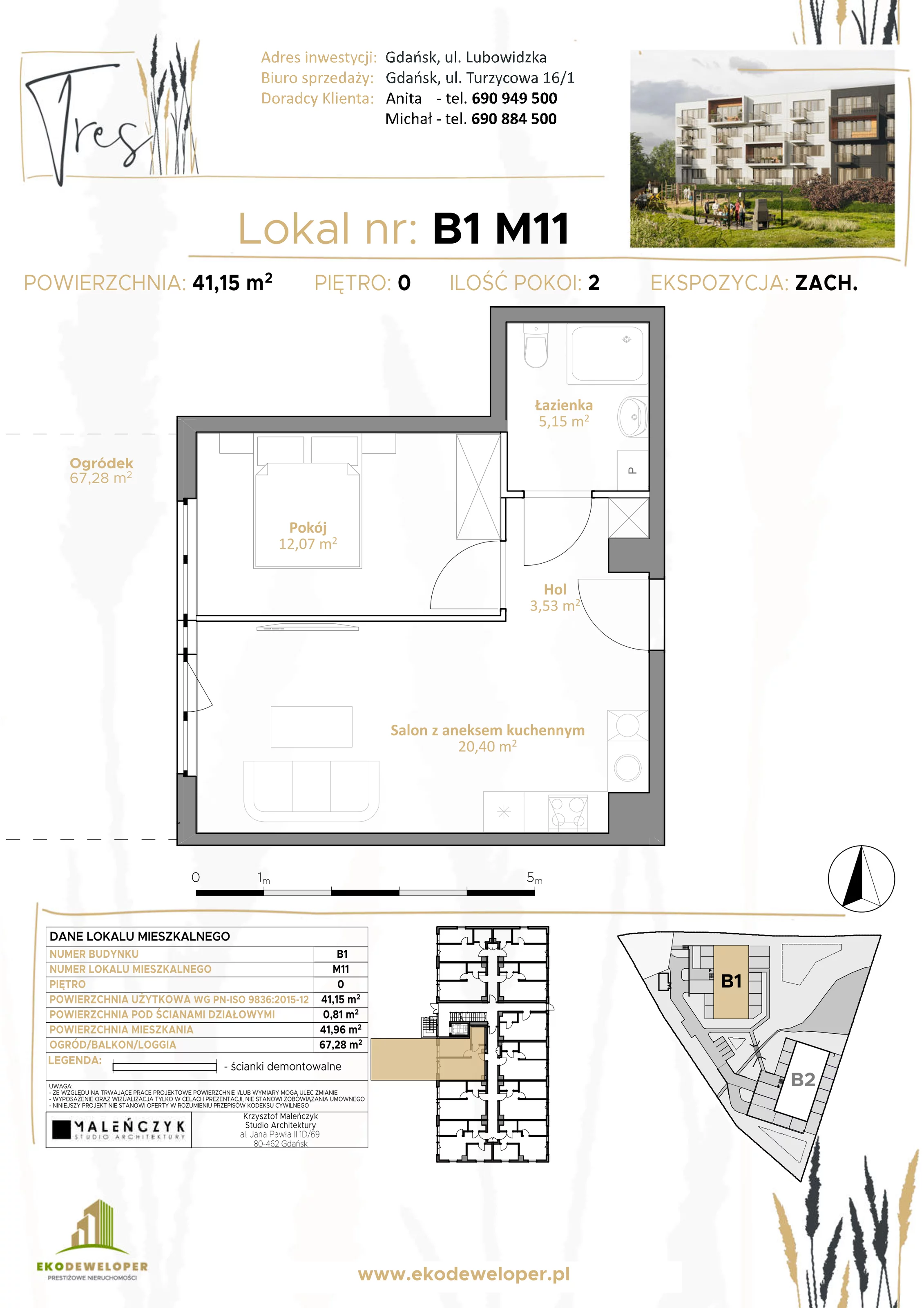 2 pokoje, mieszkanie 41,15 m², parter, oferta nr B1.M11, Tres, Gdańsk, Jasień, Szadółki, ul. Lubowidzka
