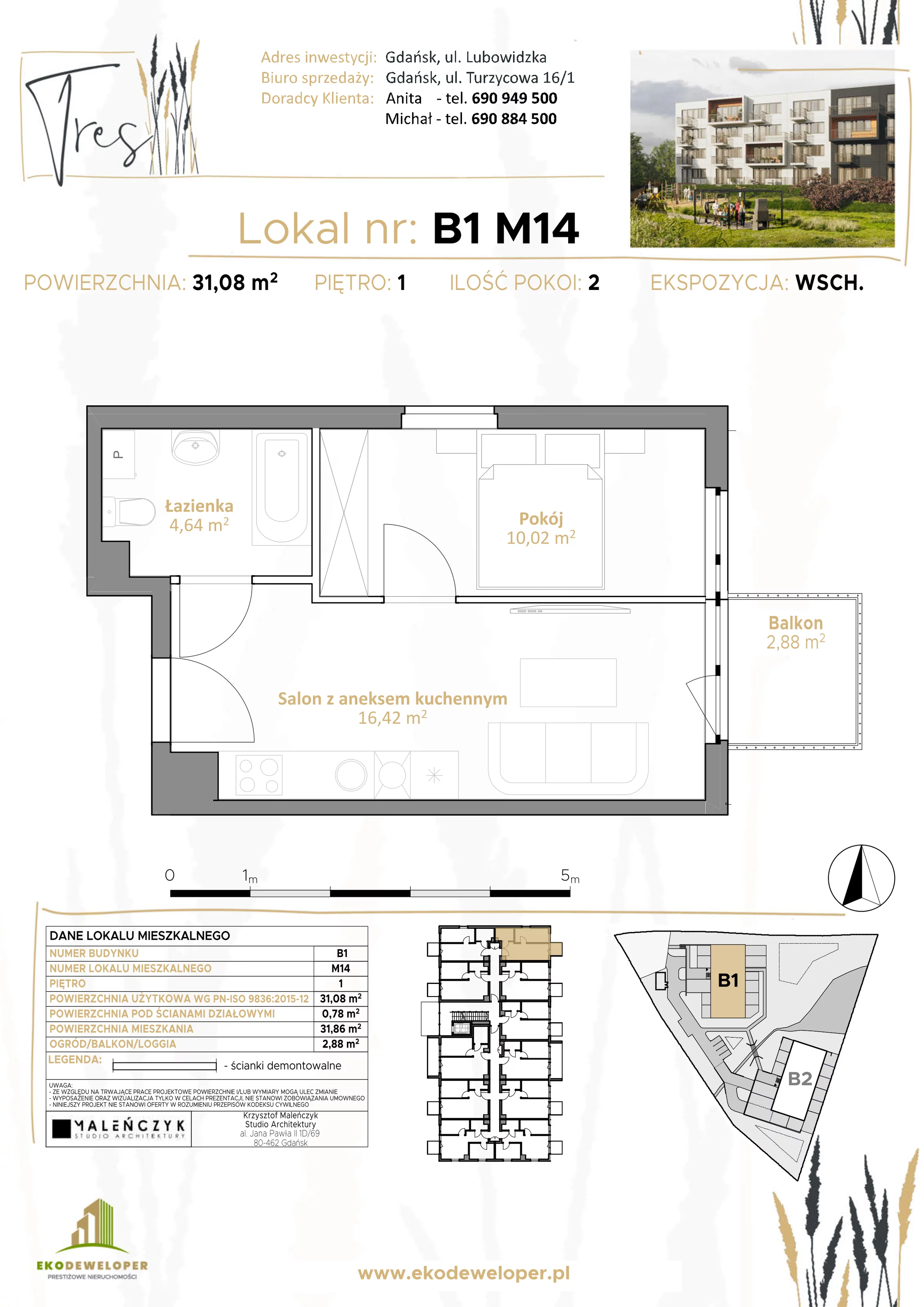 Mieszkanie 31,08 m², piętro 1, oferta nr B1.M14, Tres, Gdańsk, Jasień, ul. Lubowidzka