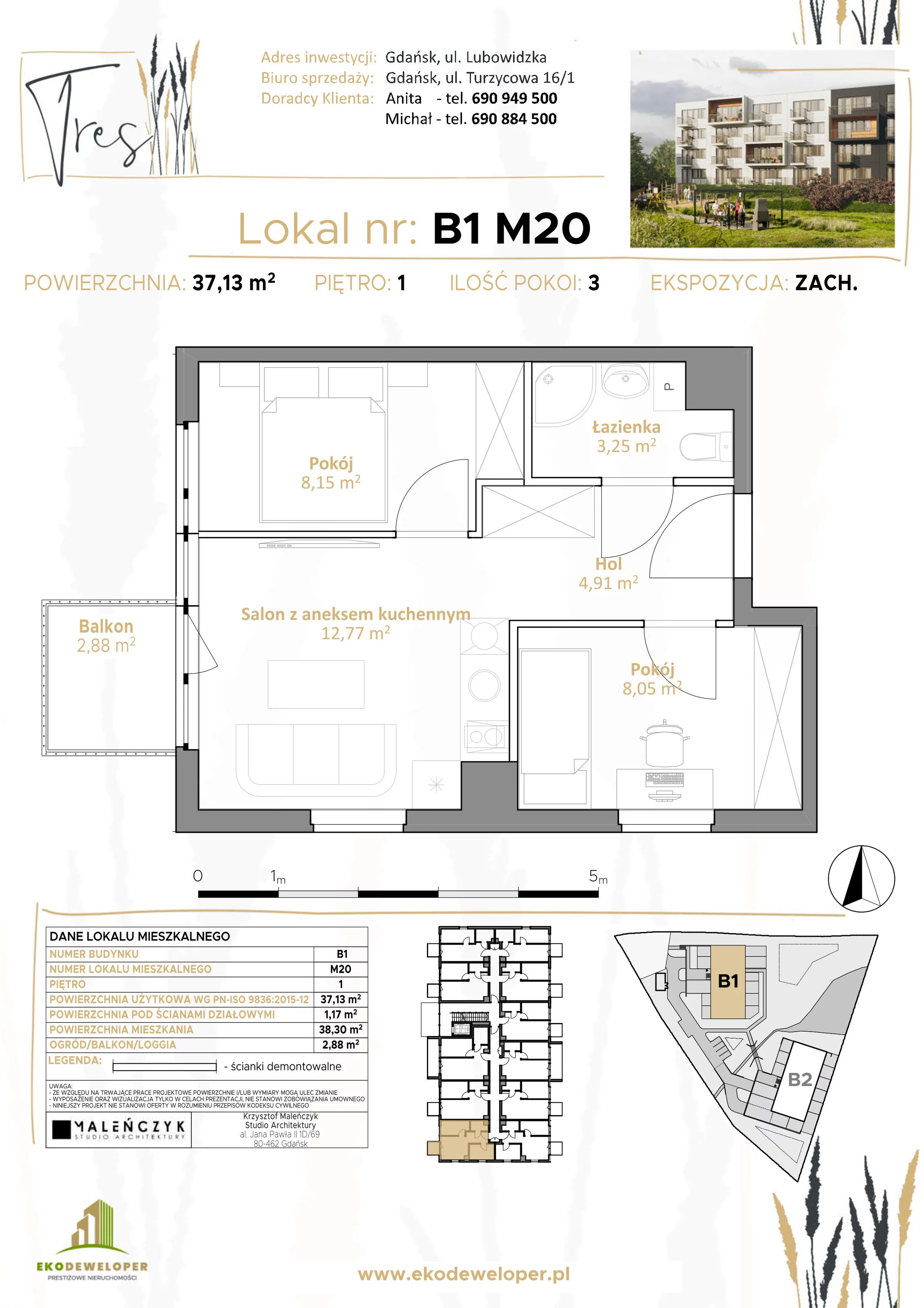 Mieszkanie 37,13 m², piętro 1, oferta nr B1.M20, Tres, Gdańsk, Jasień, ul. Lubowidzka