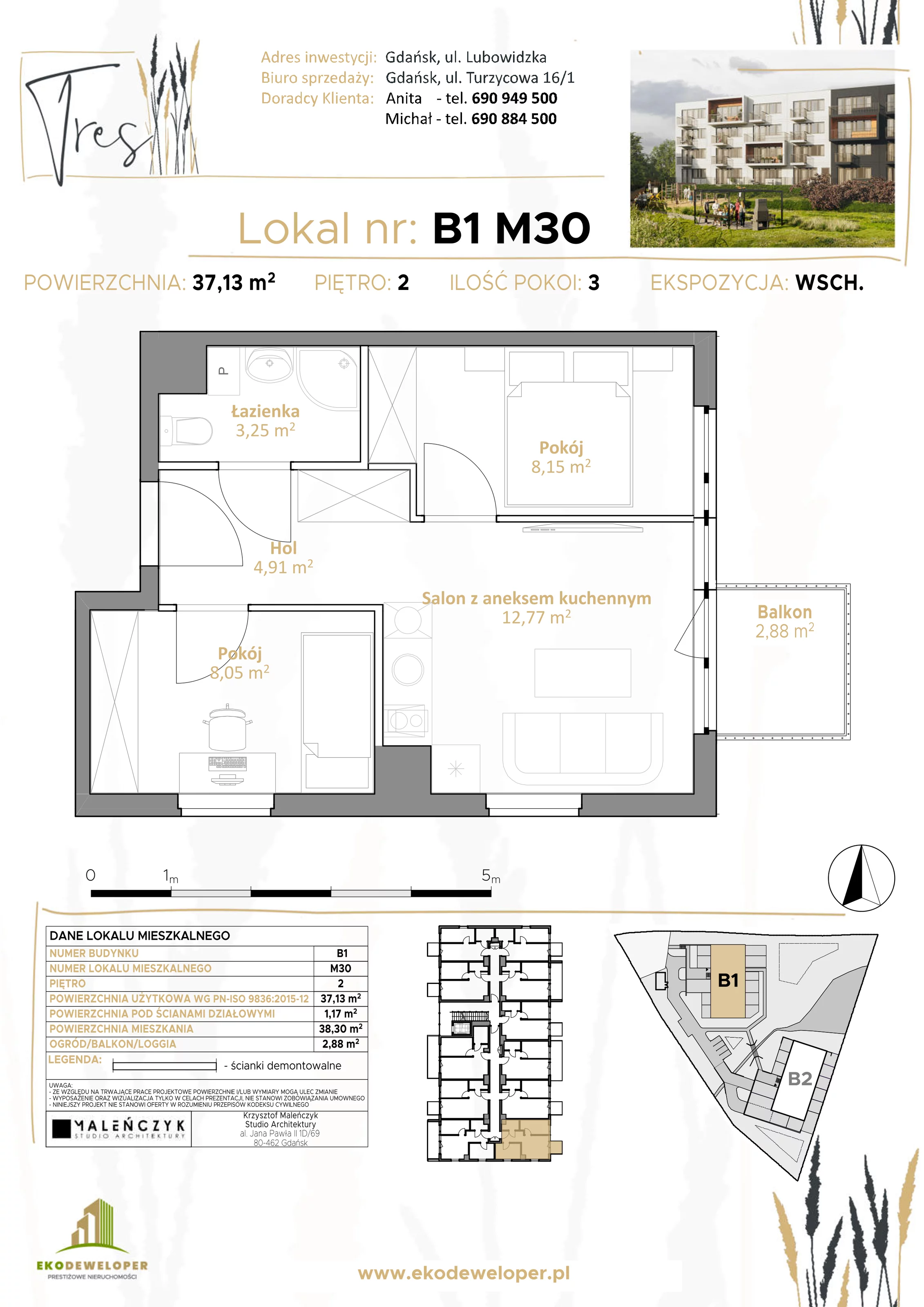 Mieszkanie 37,13 m², piętro 2, oferta nr B1.M30, Tres, Gdańsk, Jasień, ul. Lubowidzka