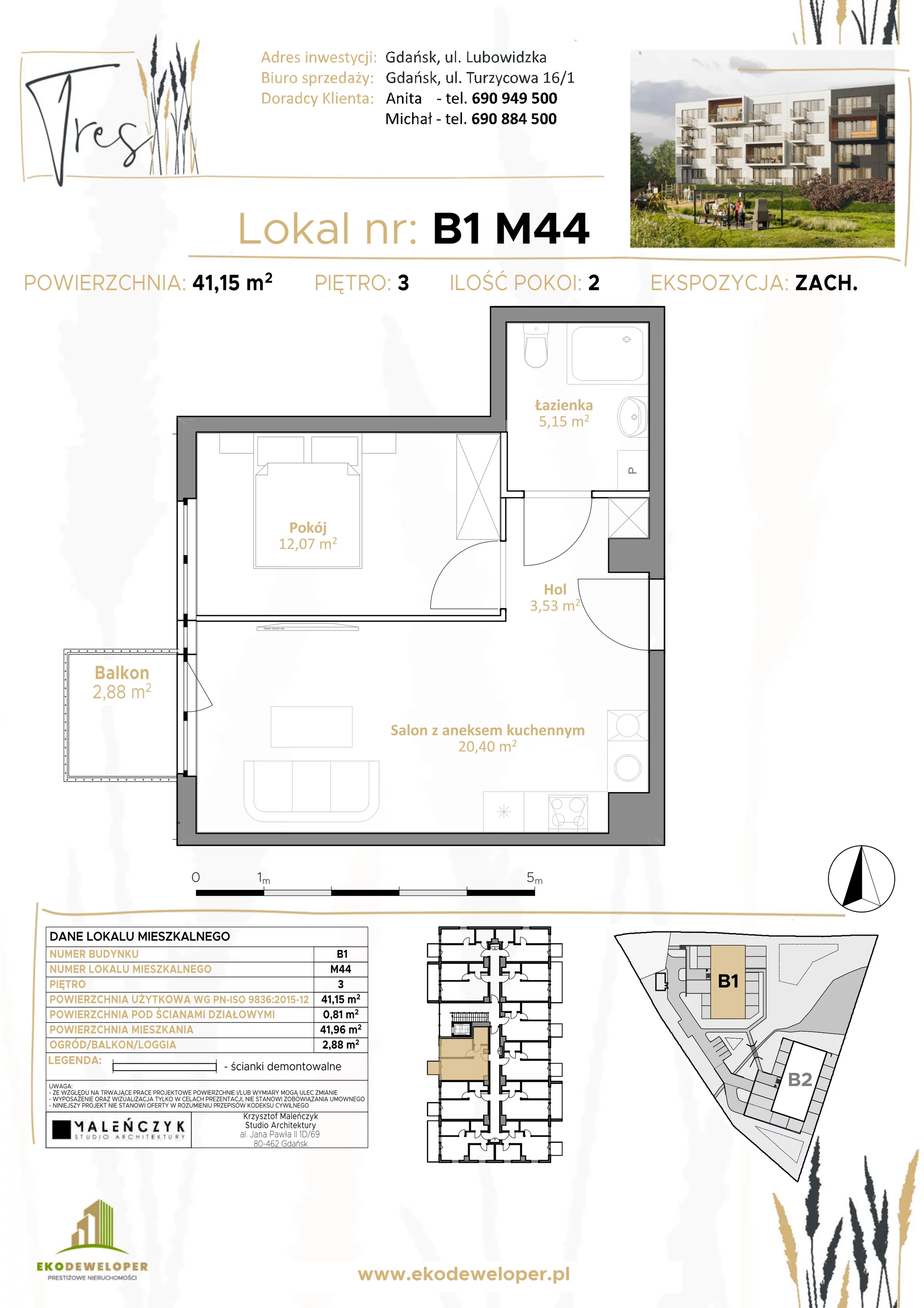 Mieszkanie 41,15 m², piętro 3, oferta nr B1.M44, Tres, Gdańsk, Jasień, ul. Lubowidzka