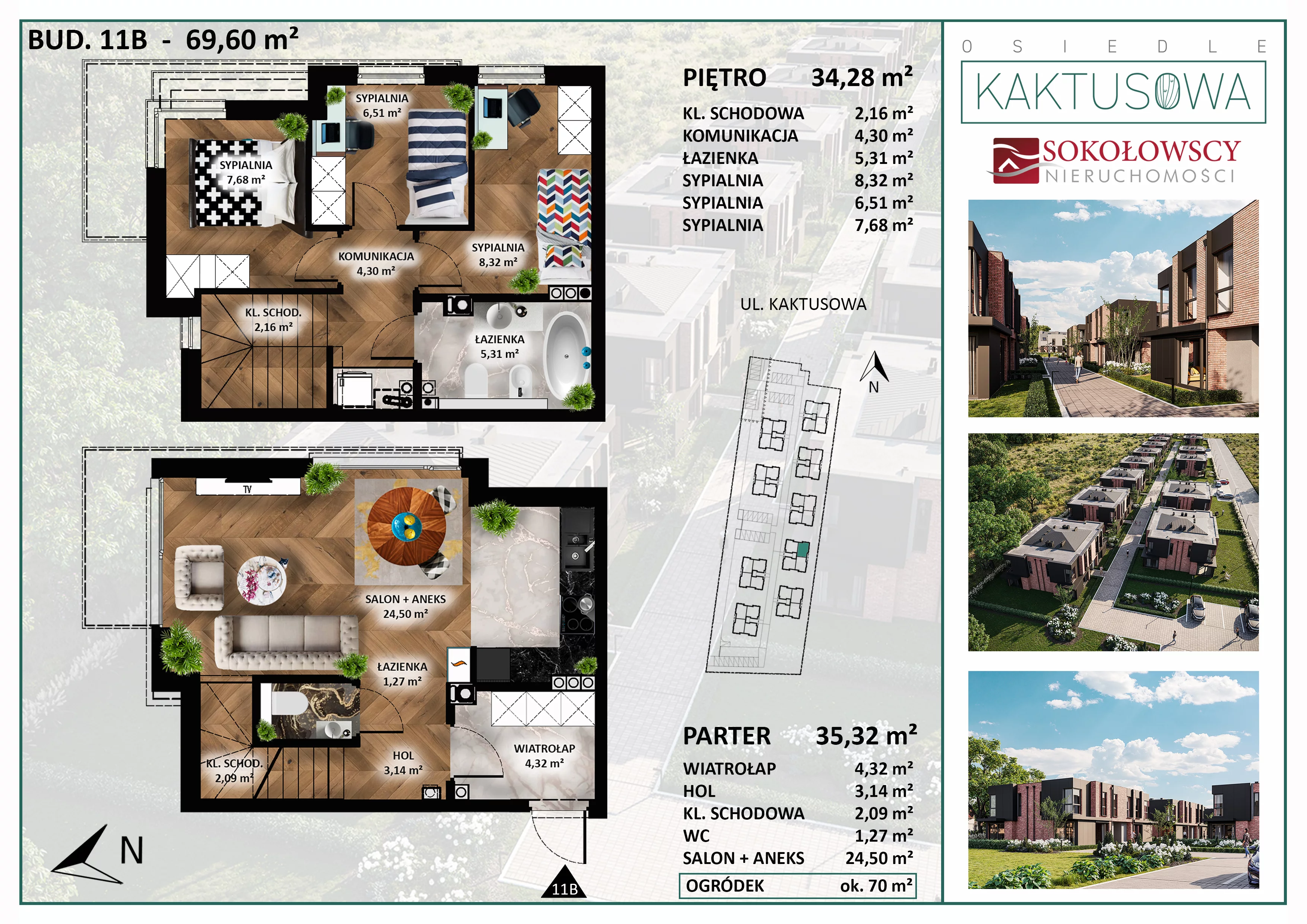 4 pokoje, mieszkanie 69,60 m², parter, oferta nr 11B, Osiedle Kaktusowa etap 2, Białystok, Dojlidy Górne, ul. Kaktusowa