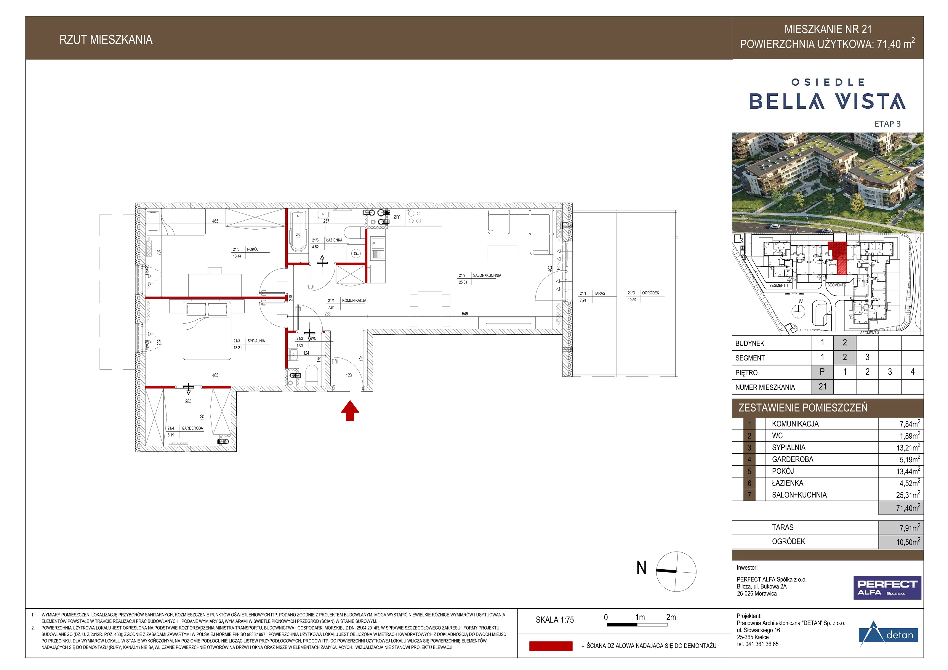 Mieszkanie 71,40 m², parter, oferta nr B2.21, Osiedle Bella Vista, Kielce, Ostra Górka, ul. Generała Andersa / Wojska Polskiego