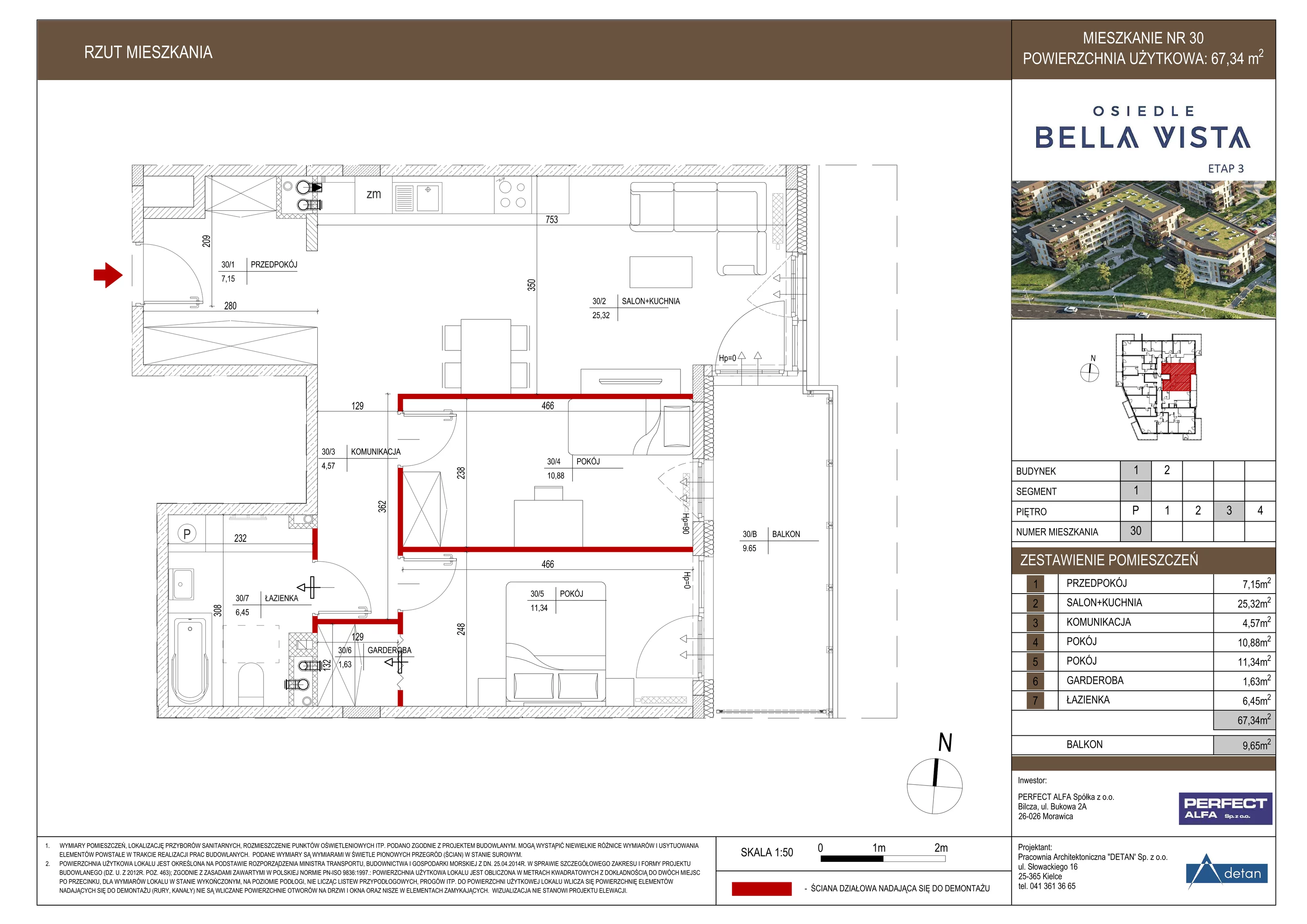 Mieszkanie 67,34 m², piętro 3, oferta nr B1.30, Osiedle Bella Vista, Kielce, Ostra Górka, ul. Generała Andersa / Wojska Polskiego