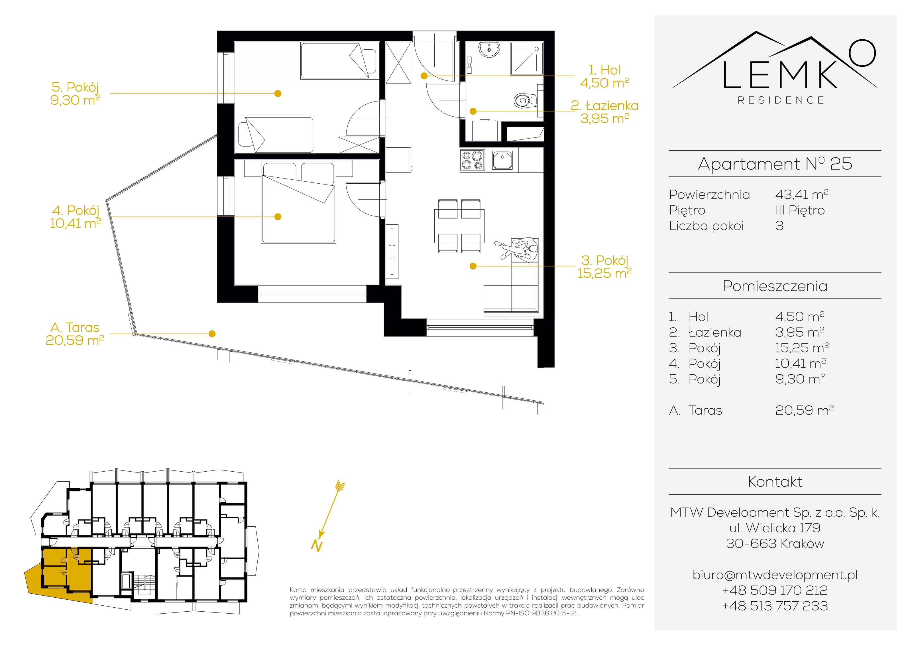 3 pokoje, apartament inwestycyjny 43,41 m², piętro 3, oferta nr 25, Lemko Residence, Krynica-Zdrój, ul. Józefa Piłsudskiego