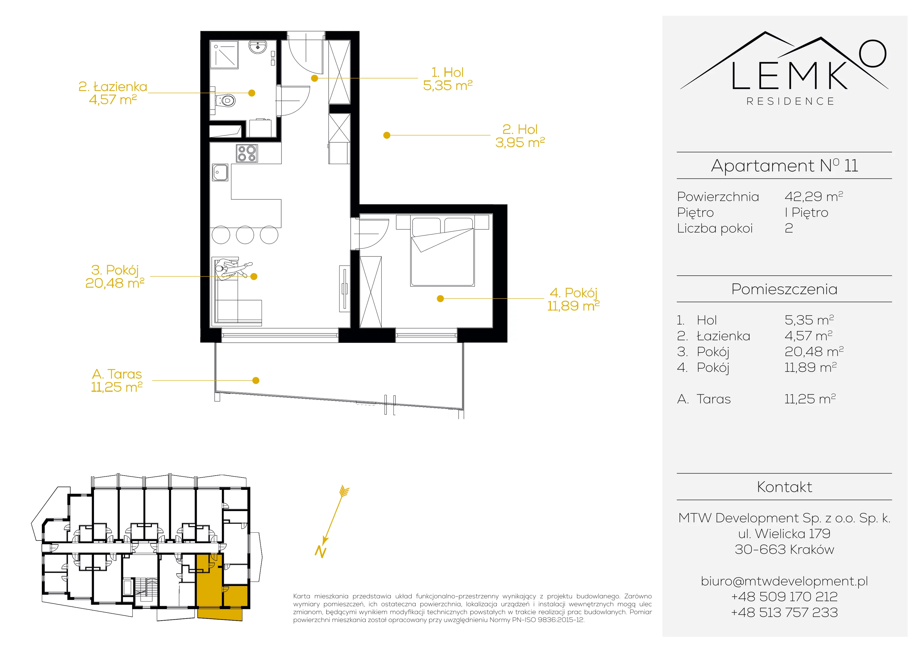 2 pokoje, apartament inwestycyjny 42,29 m², piętro 1, oferta nr 11, Lemko Residence, Krynica-Zdrój, ul. Józefa Piłsudskiego
