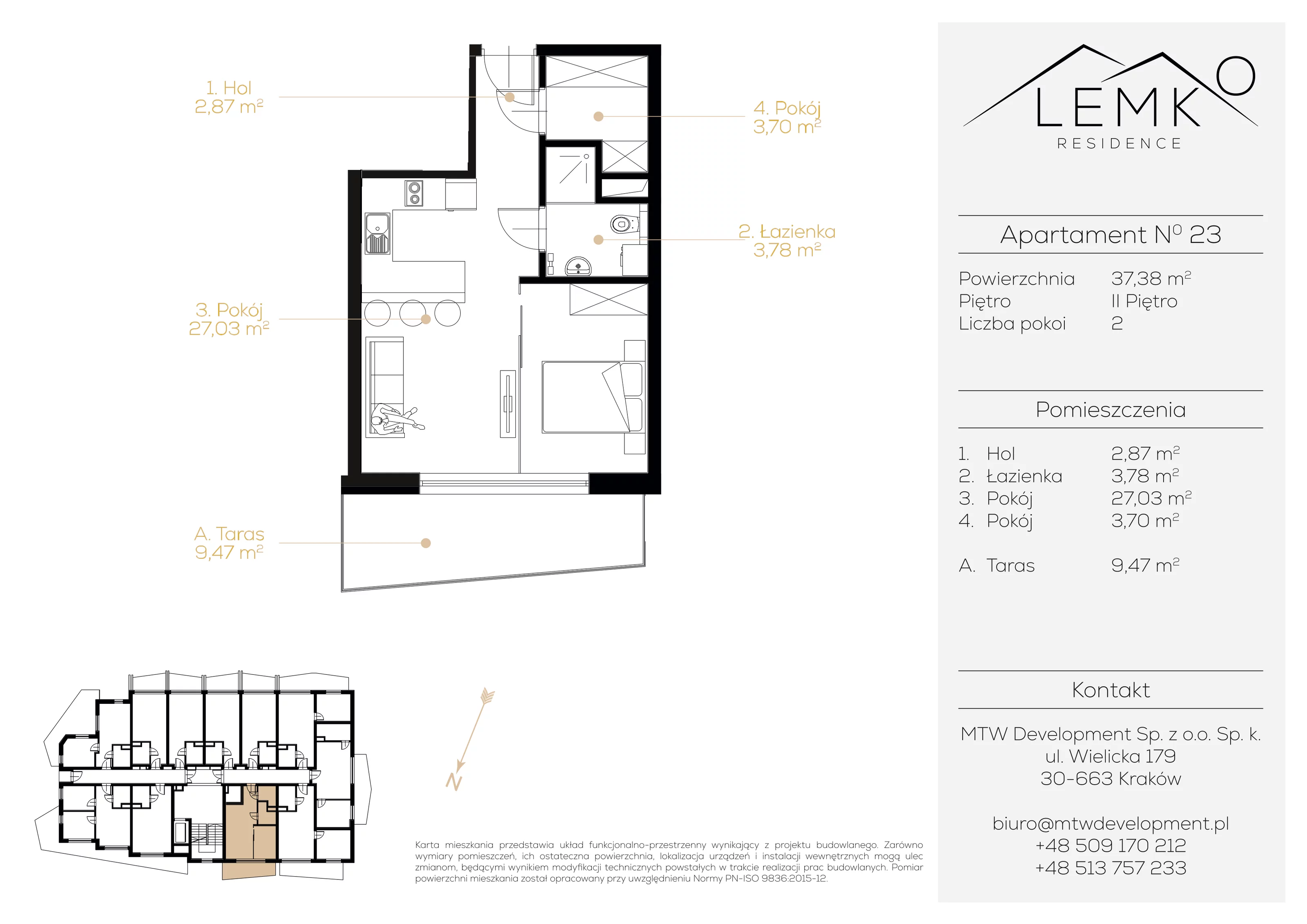 2 pokoje, apartament inwestycyjny 37,38 m², piętro 2, oferta nr 23, Lemko Residence, Krynica-Zdrój, ul. Józefa Piłsudskiego