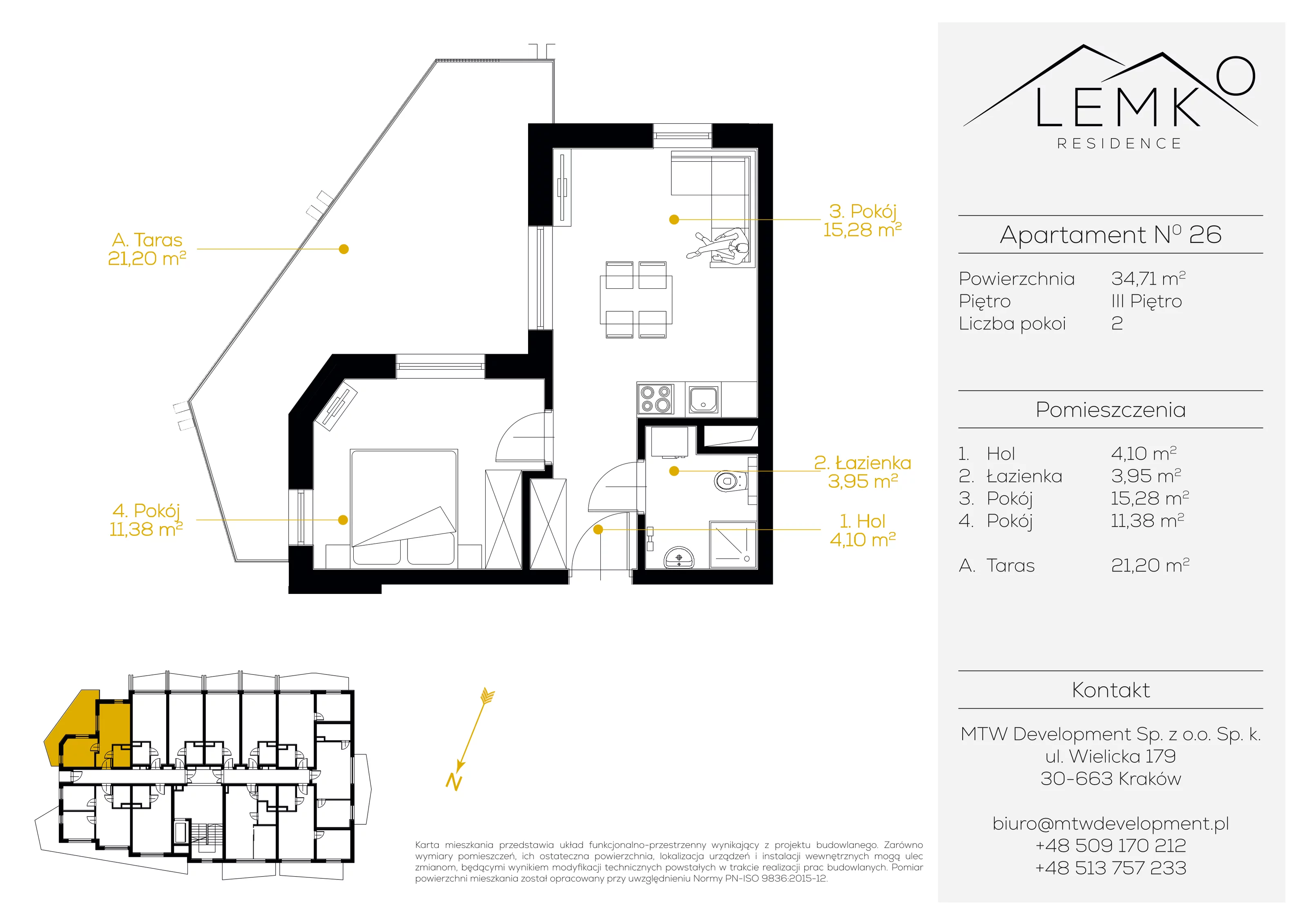 2 pokoje, apartament inwestycyjny 34,71 m², piętro 3, oferta nr 26, Lemko Residence, Krynica-Zdrój, ul. Józefa Piłsudskiego
