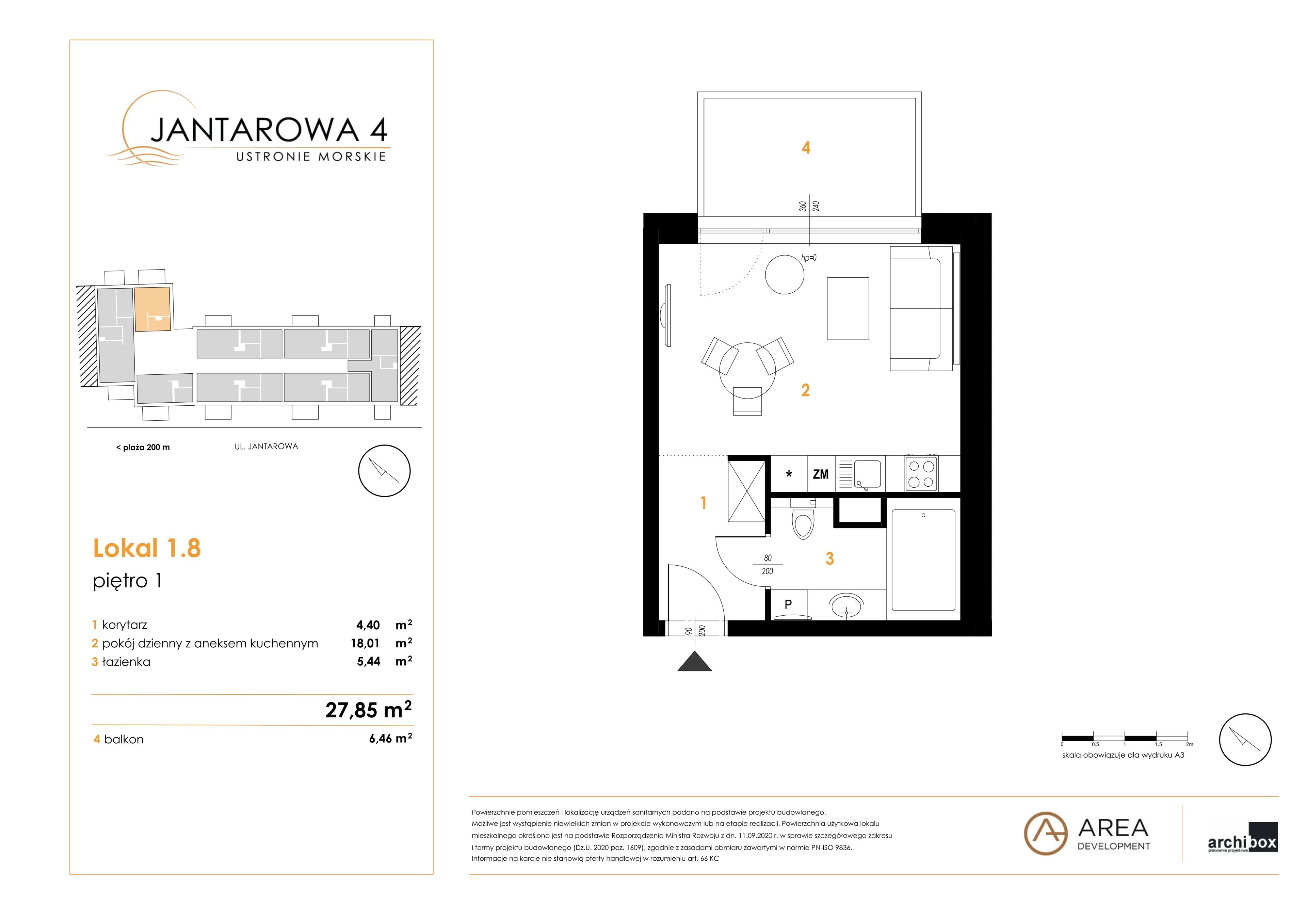 1 pokój, mieszkanie 27,85 m², piętro 1, oferta nr 1.8, Jantarowa 4, Ustronie Morskie, ul. Jantarowa 4
