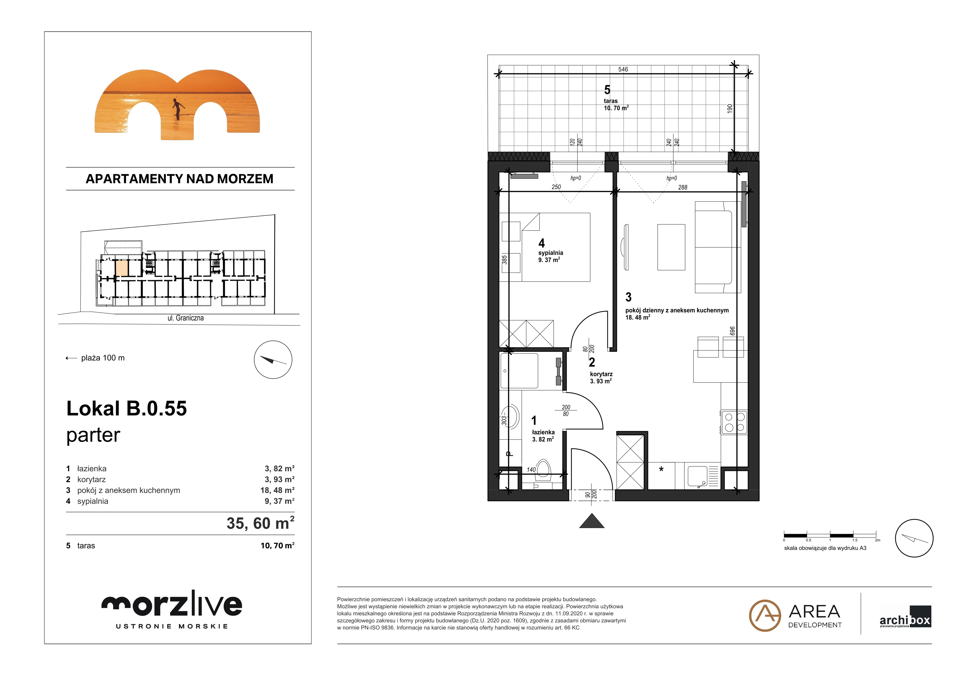 2 pokoje, mieszkanie 35,96 m², parter, oferta nr B.0.55 wykończone pod klucz, Morzlive, Ustronie Morskie, ul. Graniczna 4