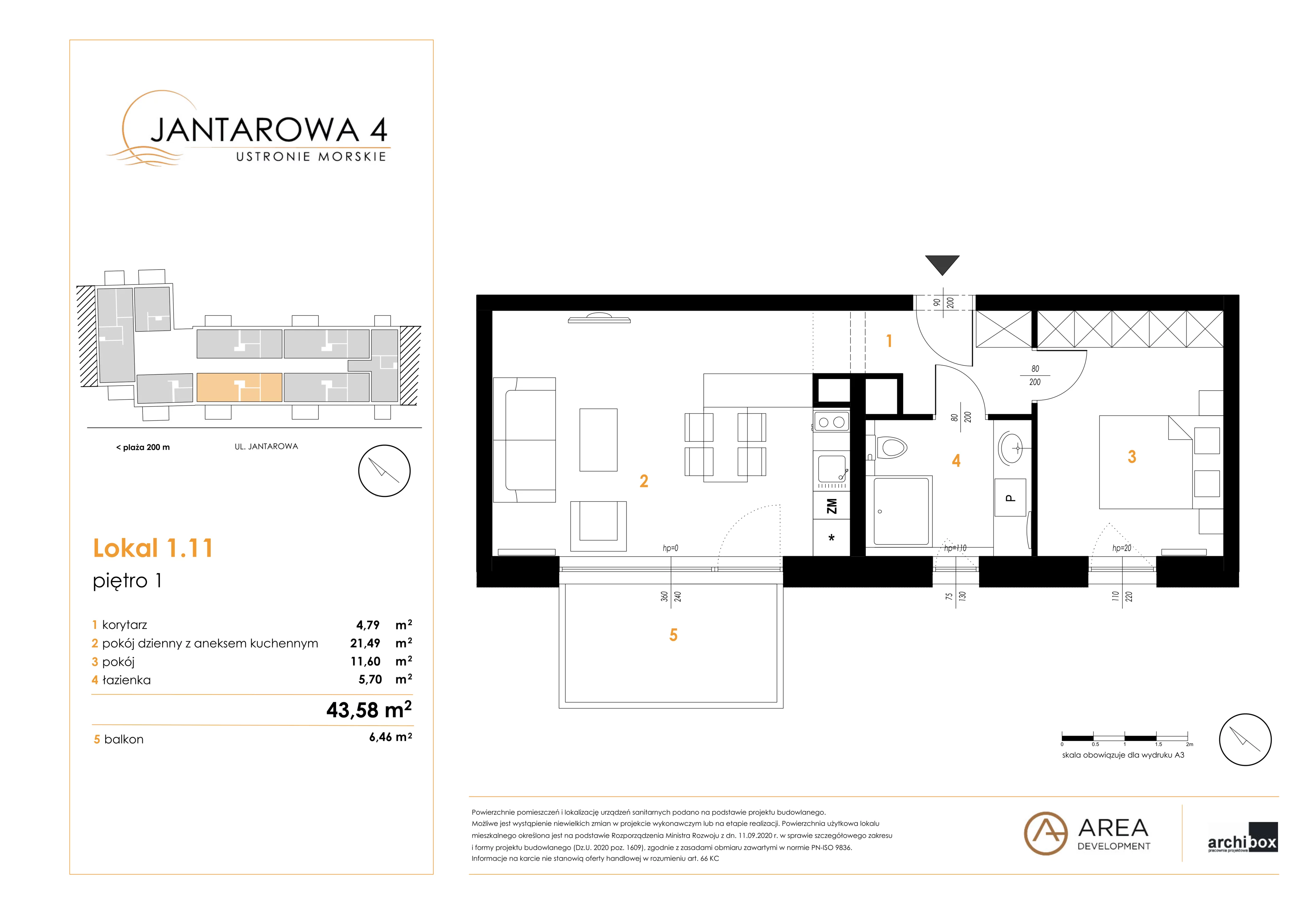 2 pokoje, mieszkanie 43,58 m², piętro 1, oferta nr 1.11, Jantarowa 4, Ustronie Morskie, ul. Jantarowa 4