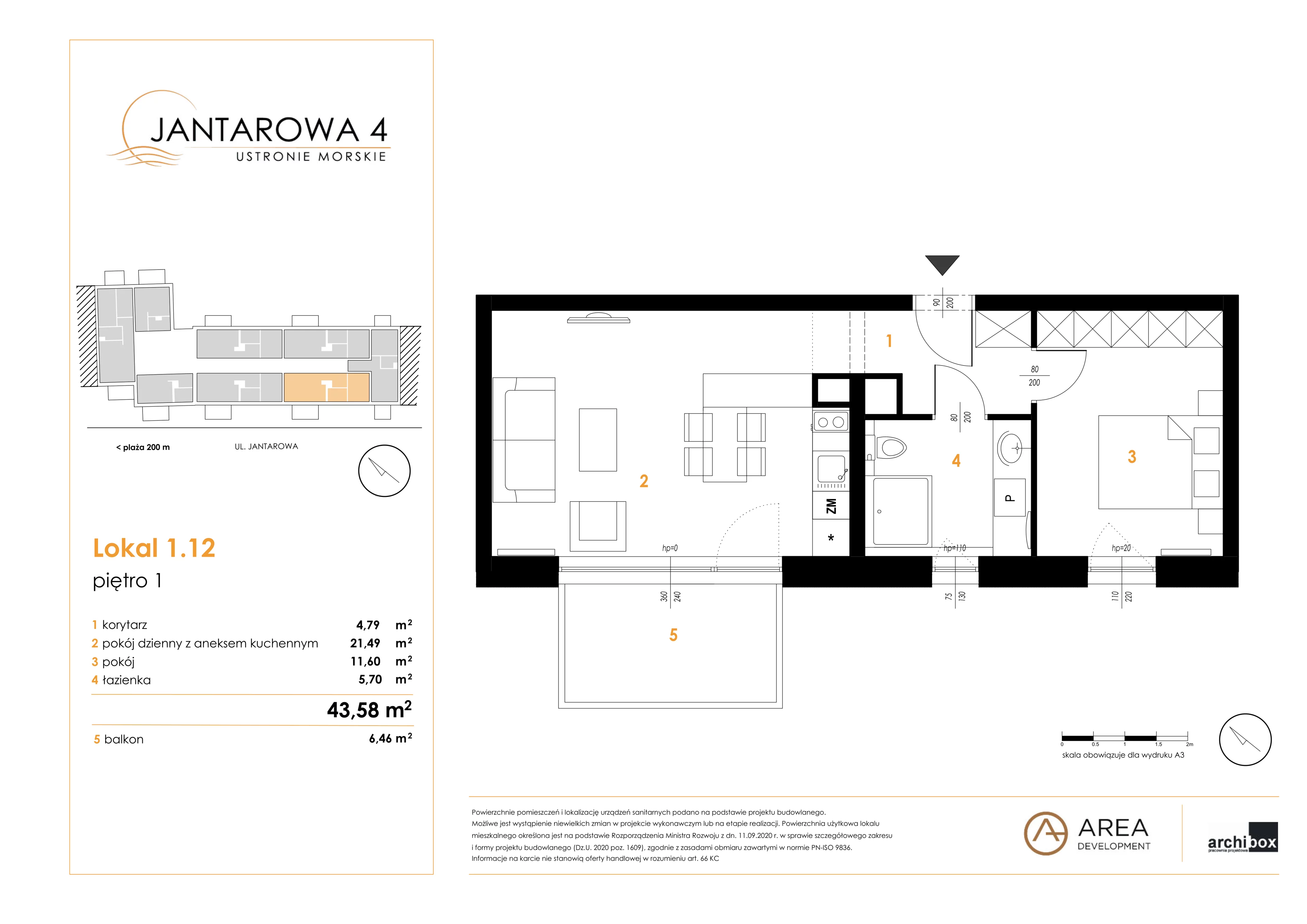 2 pokoje, mieszkanie 43,58 m², piętro 1, oferta nr 1.12, Jantarowa 4, Ustronie Morskie, ul. Jantarowa 4