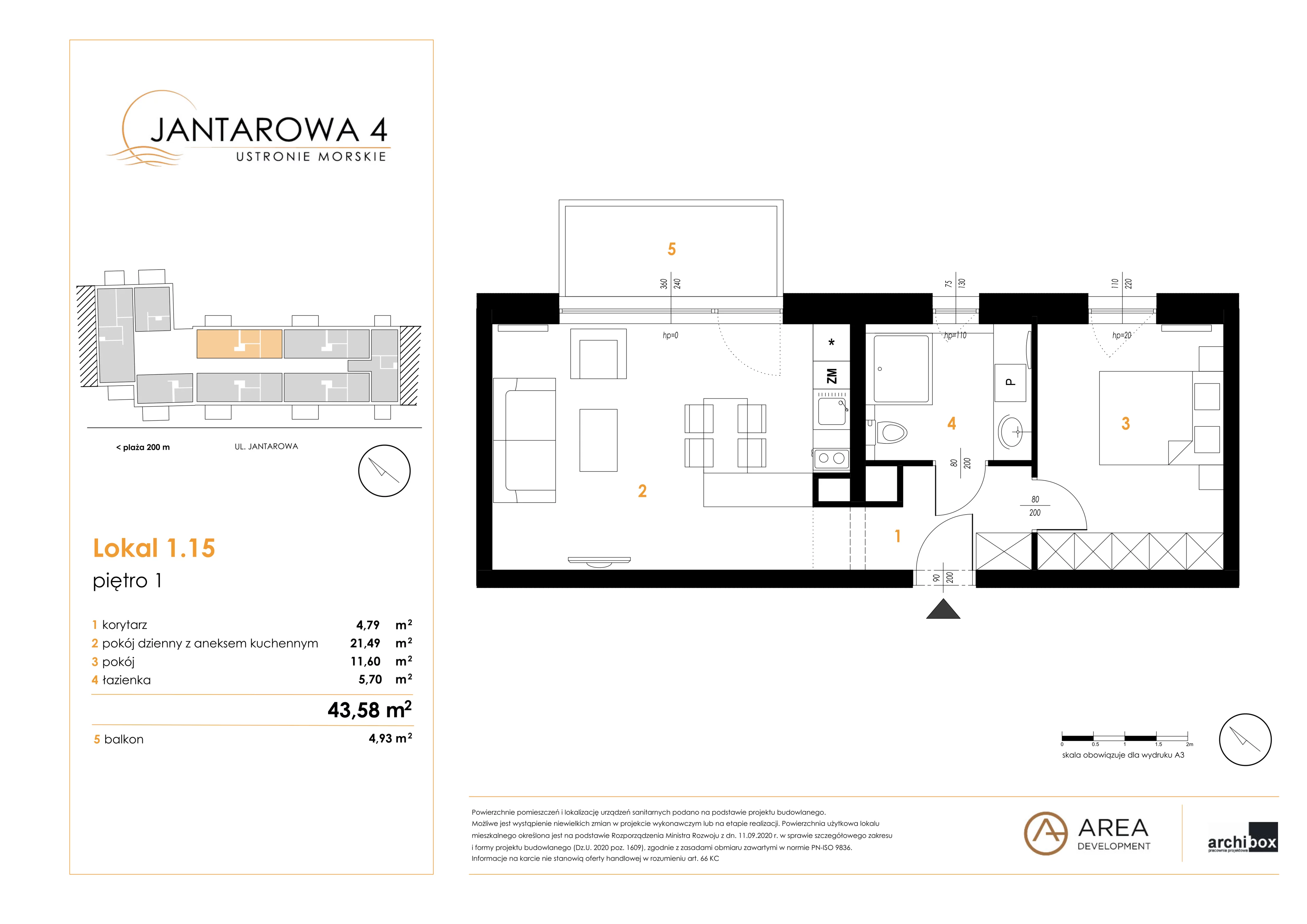 2 pokoje, mieszkanie 43,58 m², piętro 1, oferta nr 1.15, Jantarowa 4, Ustronie Morskie, ul. Jantarowa 4