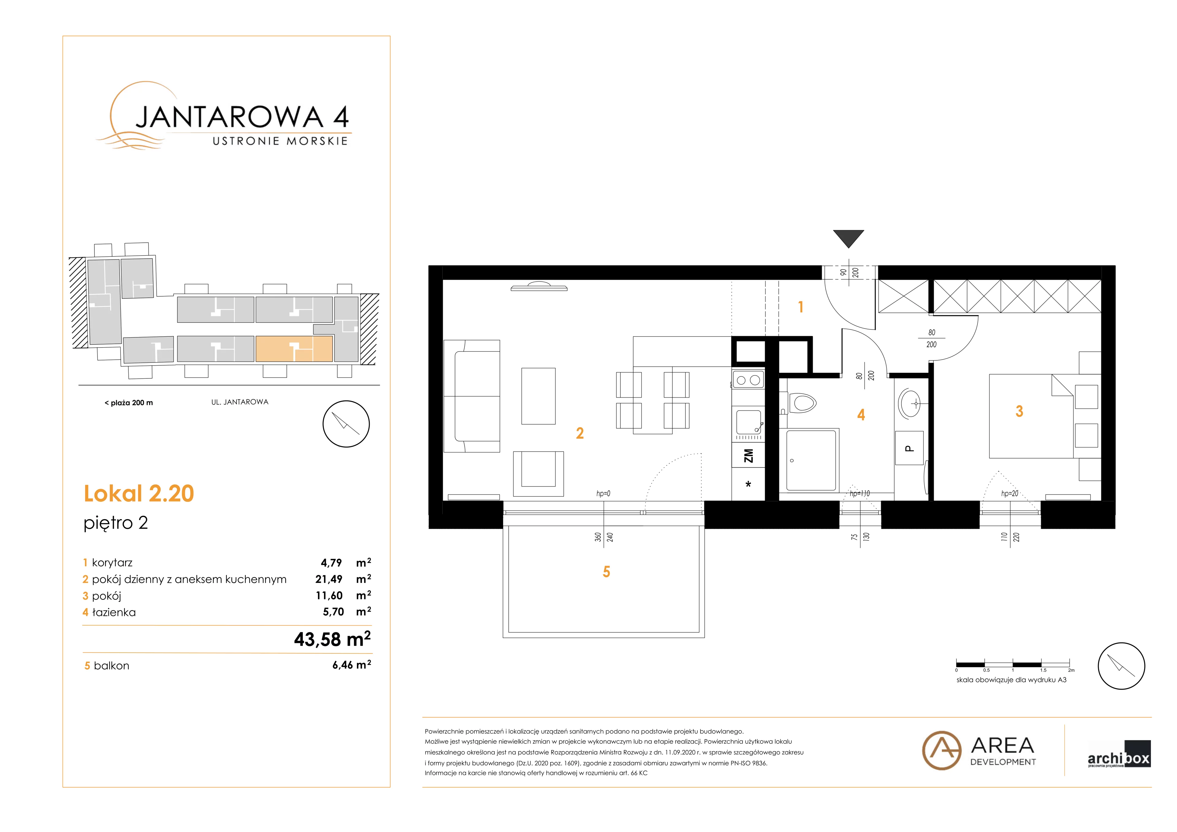 2 pokoje, mieszkanie 43,58 m², piętro 2, oferta nr 2.20, Jantarowa 4, Ustronie Morskie, ul. Jantarowa 4