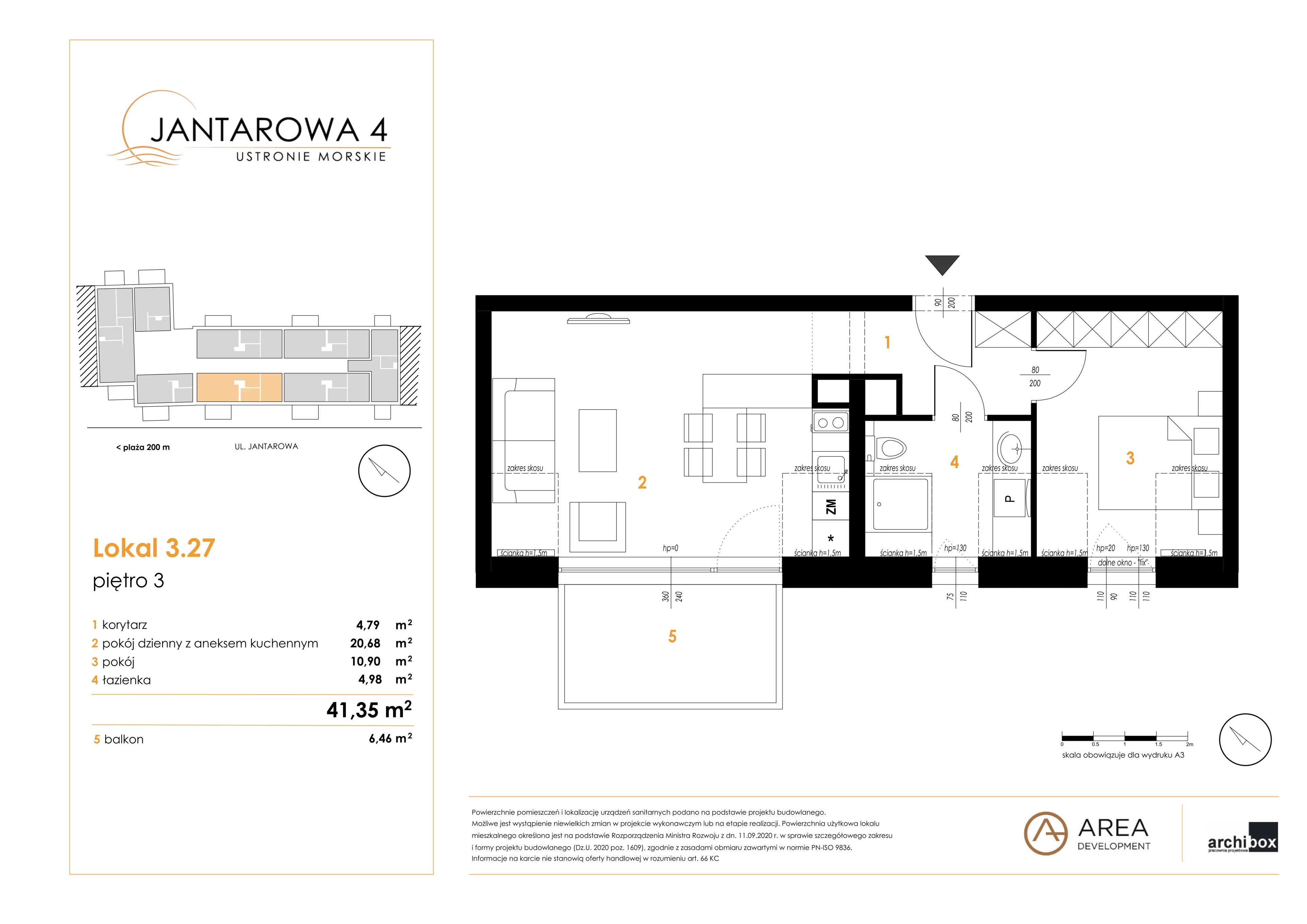 2 pokoje, mieszkanie 41,35 m², piętro 3, oferta nr 3.27, Jantarowa 4, Ustronie Morskie, ul. Jantarowa 4