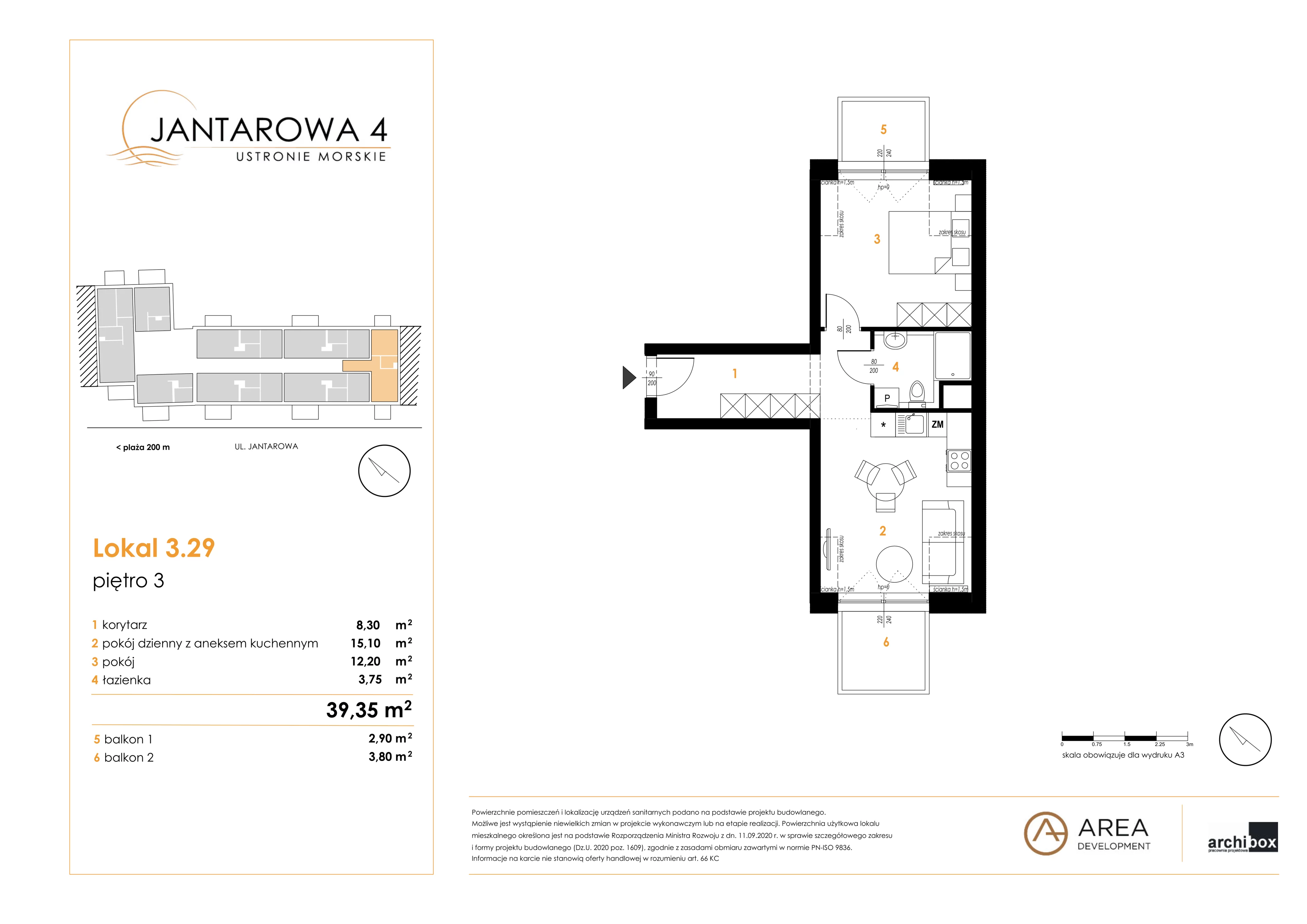 2 pokoje, mieszkanie 39,35 m², piętro 3, oferta nr 3.29, Jantarowa 4, Ustronie Morskie, ul. Jantarowa 4