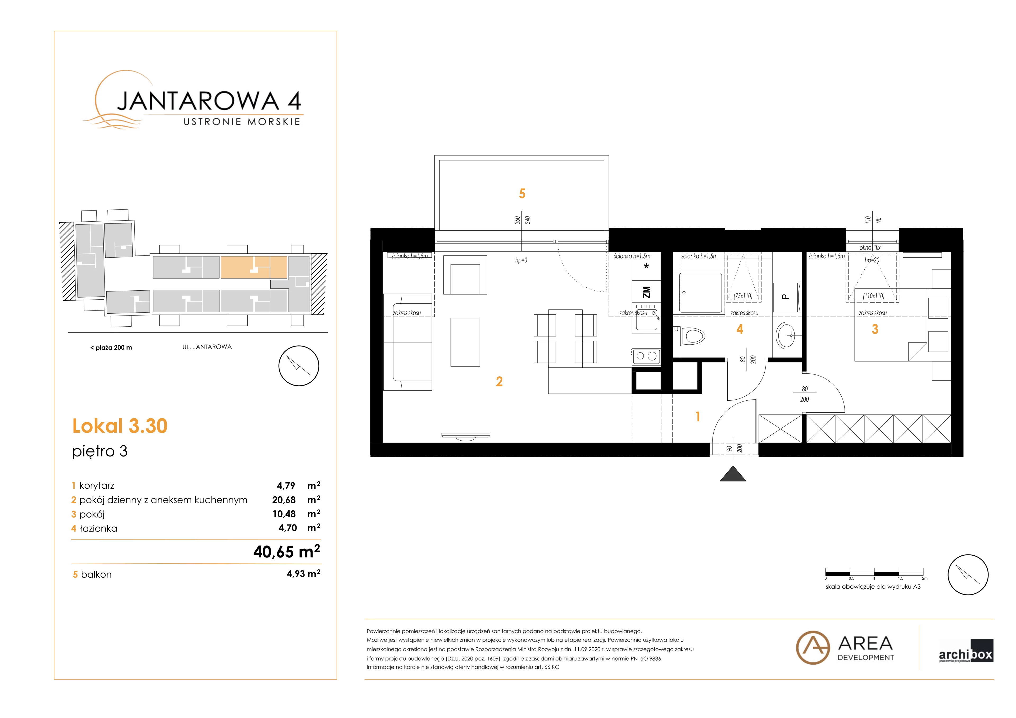 2 pokoje, mieszkanie 40,65 m², piętro 3, oferta nr 3.30, Jantarowa 4, Ustronie Morskie, ul. Jantarowa 4