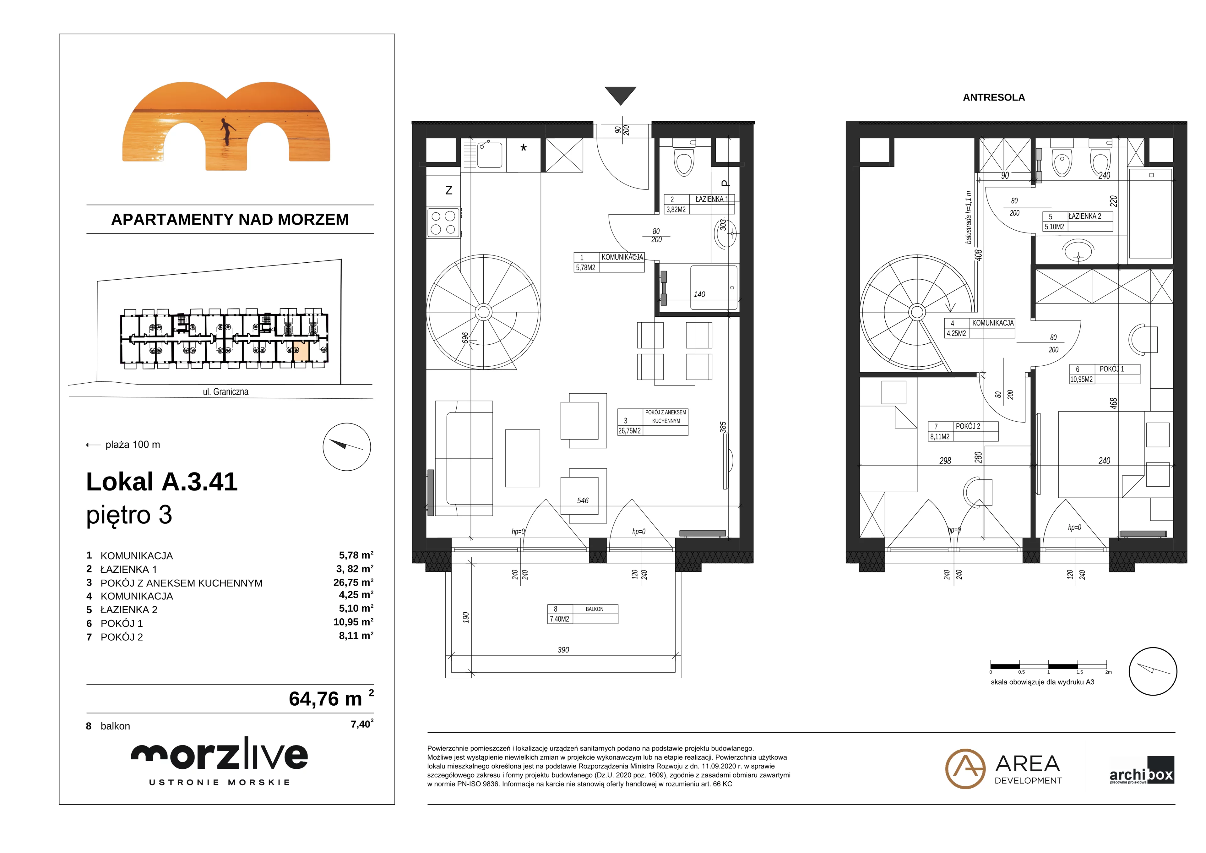 3 pokoje, mieszkanie 65,69 m², piętro 3, oferta nr A.3.41, Morzlive, Ustronie Morskie, ul. Graniczna 4