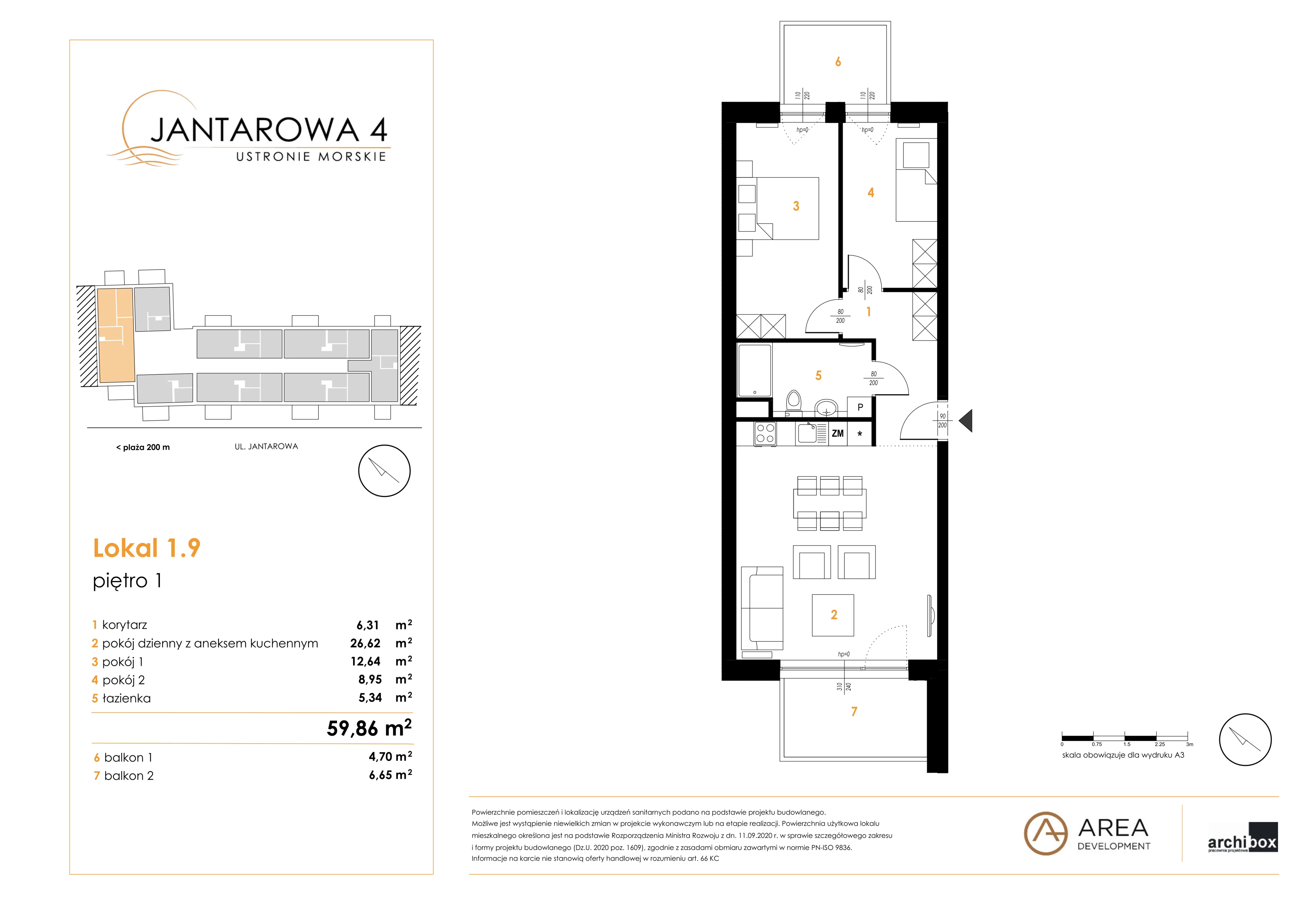 3 pokoje, mieszkanie 59,86 m², piętro 1, oferta nr 1.9, Jantarowa 4, Ustronie Morskie, ul. Jantarowa 4