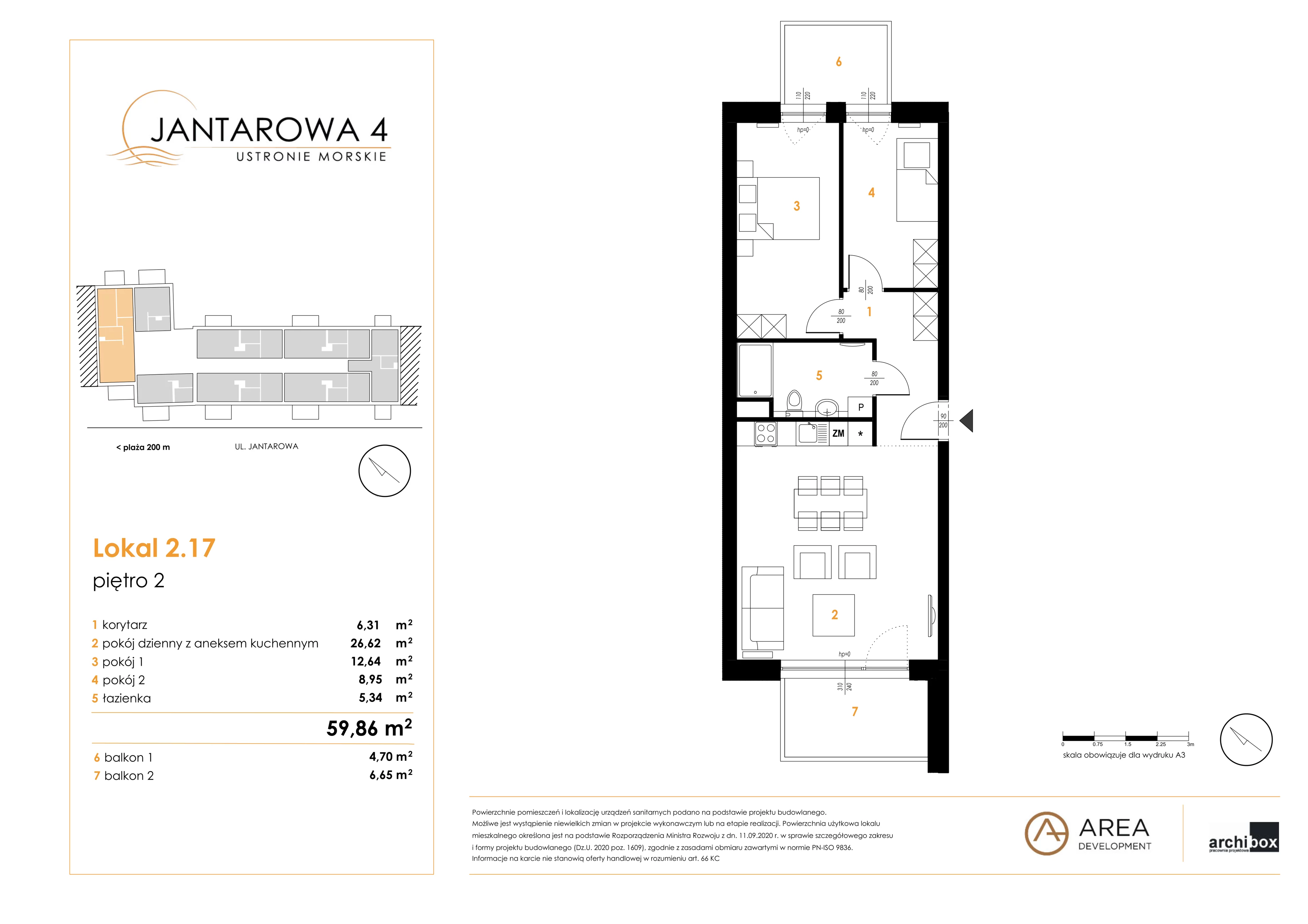 3 pokoje, mieszkanie 59,86 m², piętro 2, oferta nr 2.17, Jantarowa 4, Ustronie Morskie, ul. Jantarowa 4